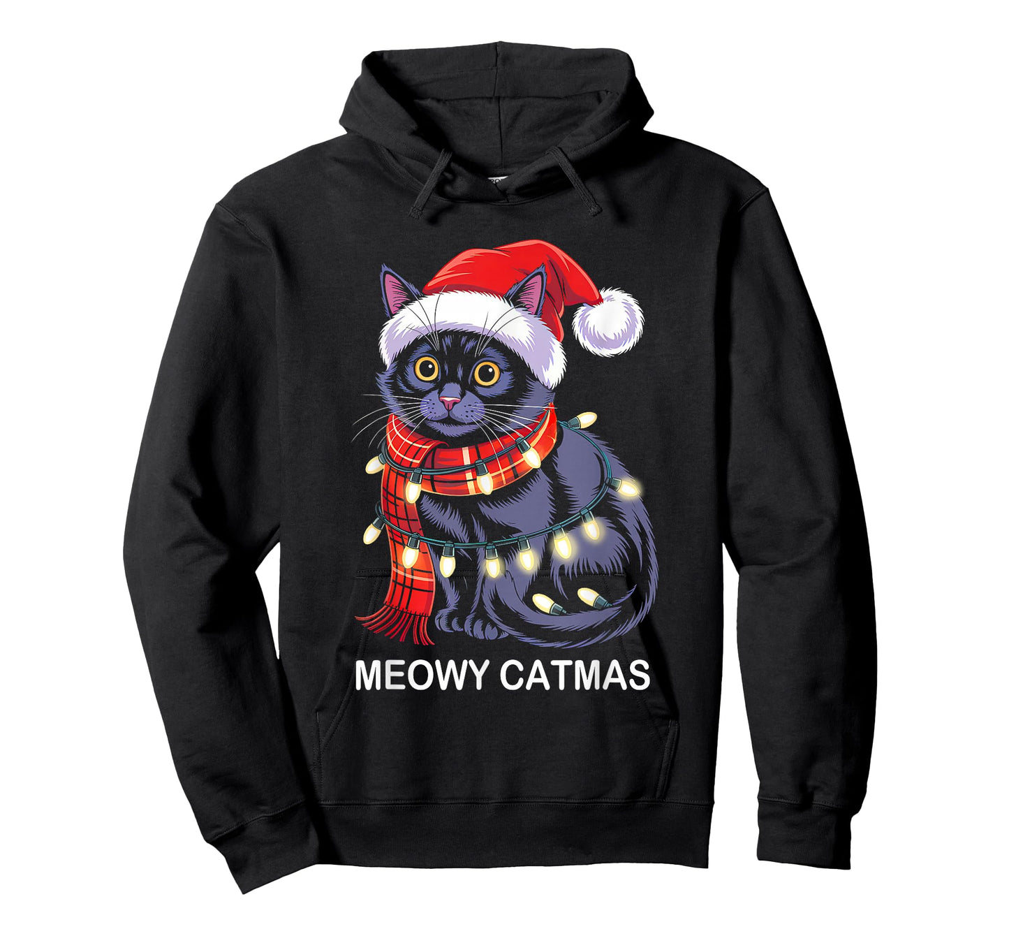 Meowy Catmas Christmas Lights Black Cat Santa Xmas Pajamas T-Shirt