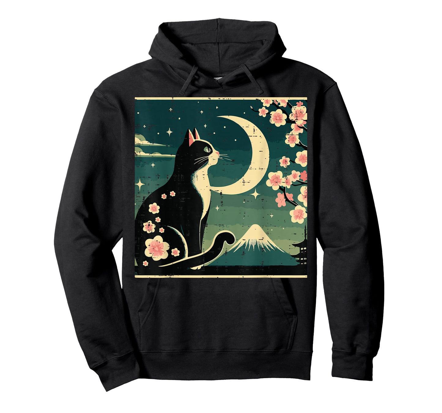 Japanese Tuxedo Cat Moon Sakura Vintage Art Women Girls Kids T-Shirt