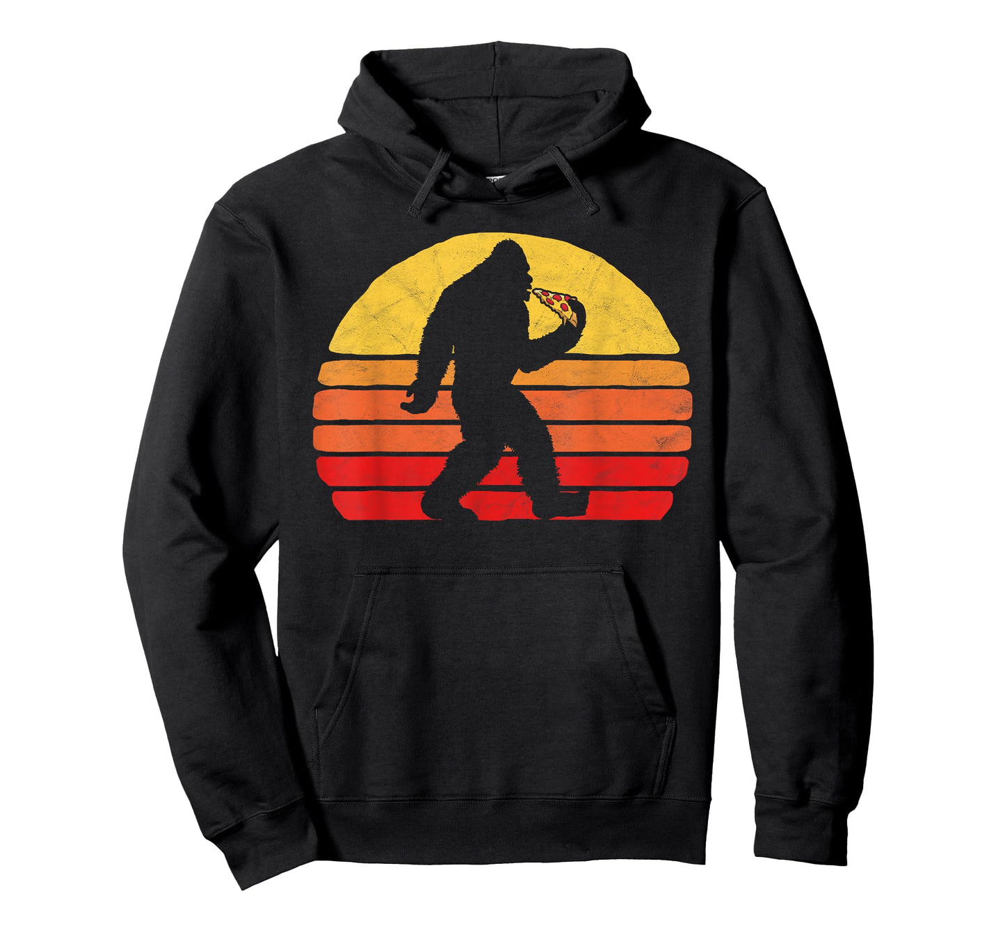 Sasquatch and Pizza! Funny Eating Bigfoot & 80s Sun Graphic T-Shirt