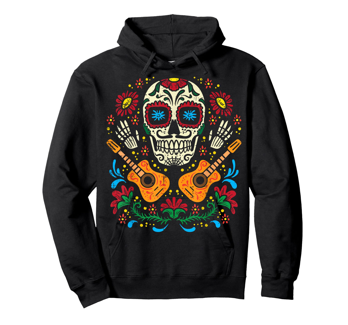 Sugar Skull Flowers Guitar Dia De Muertos Mexican Halloween T-Shirt