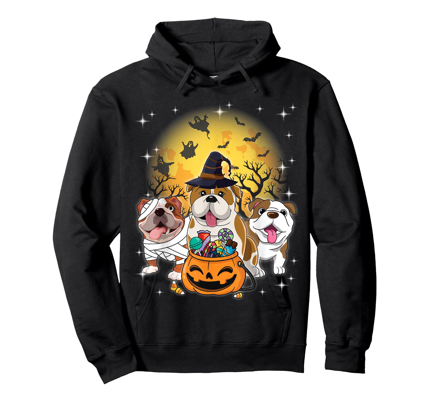 English Bulldog Mummy Witch Dog Moon Ghosts Halloween Day T-Shirt for Men Women Kids
