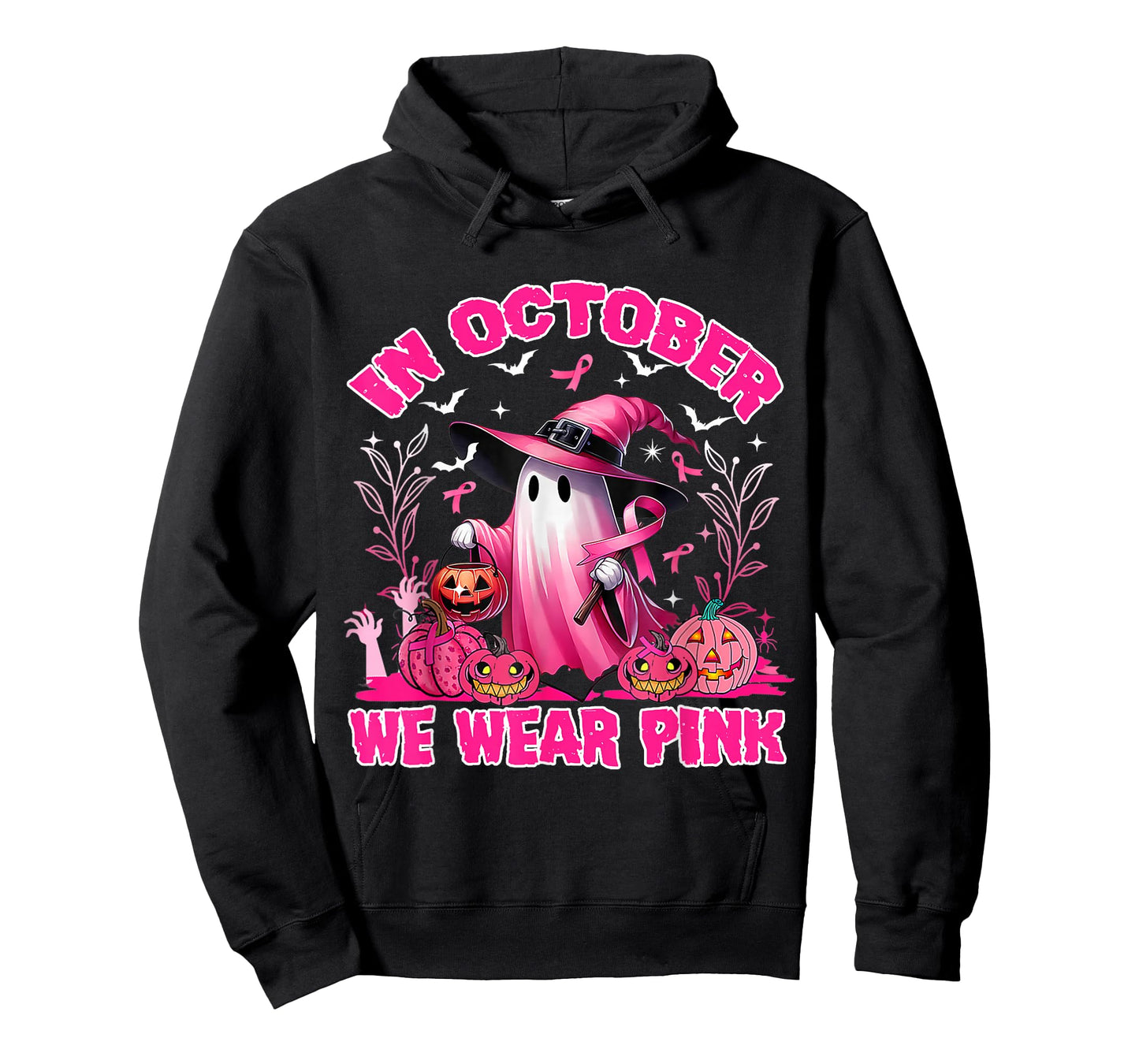In October We Wear Pink Ghost Witch Breast Cancer Awareness T-Shirt