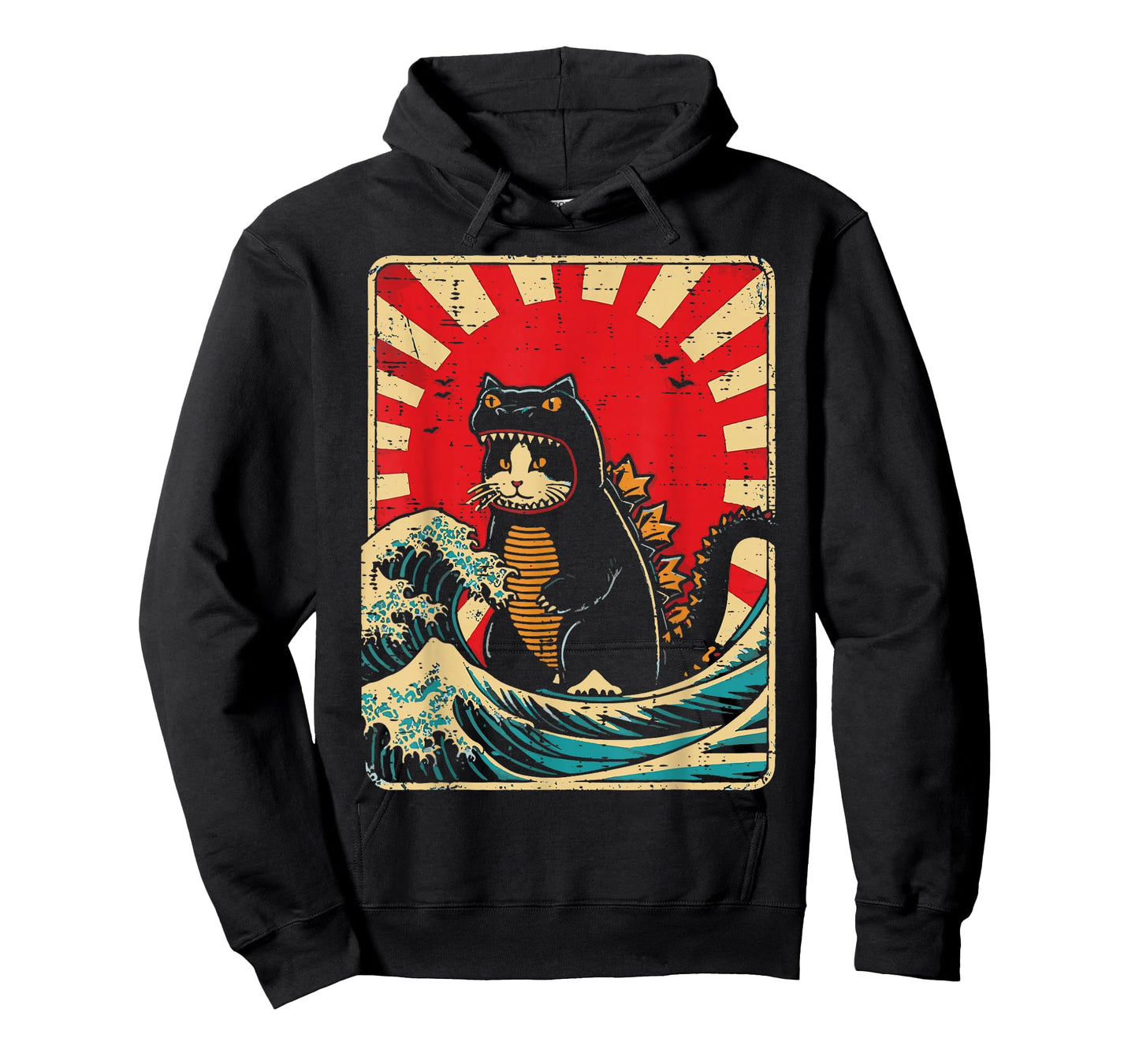 Cat Monster Waves Red Sun Japanese Catzilla Women Men Kids T-Shirt