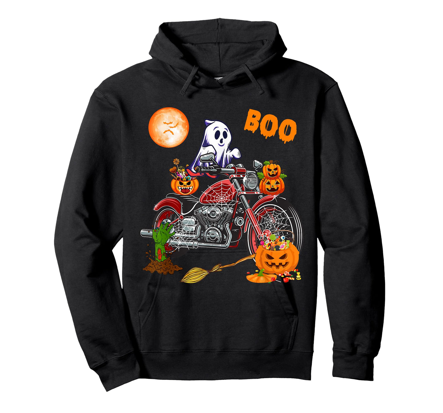 Boo Ghost Riding Motorcycle Horror Candy Bag Carved Pumpkin T-Shirt