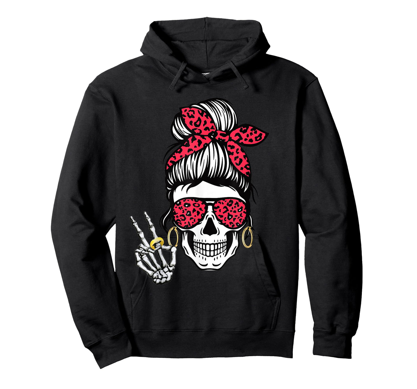 Boho Skeleton Peace Sign Messy Bun Bandana Halloween Apparel T-Shirt