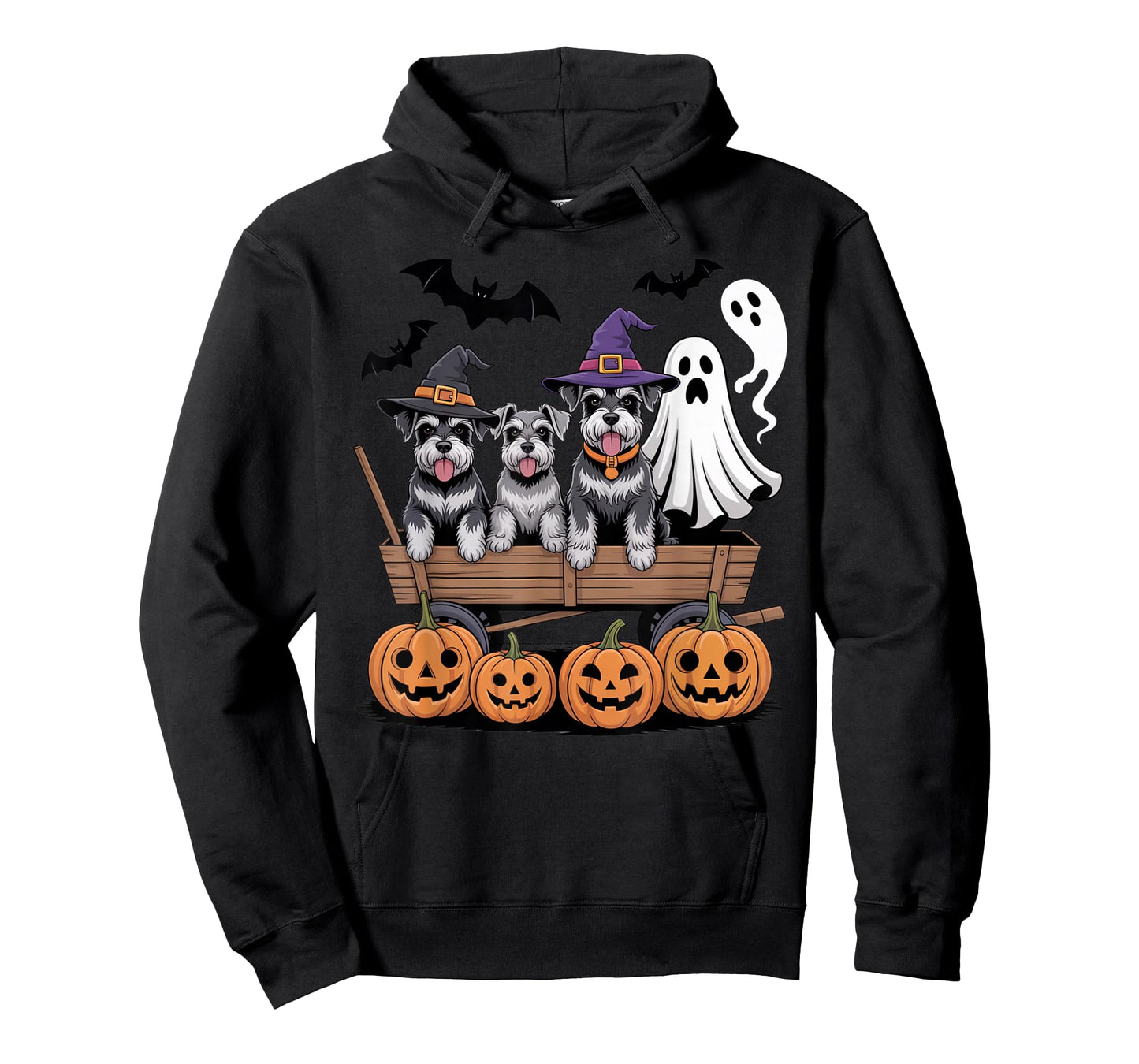 Schnauzer Halloween Wagon Ghost Witch Hats Bats Pumpkins T-Shirt