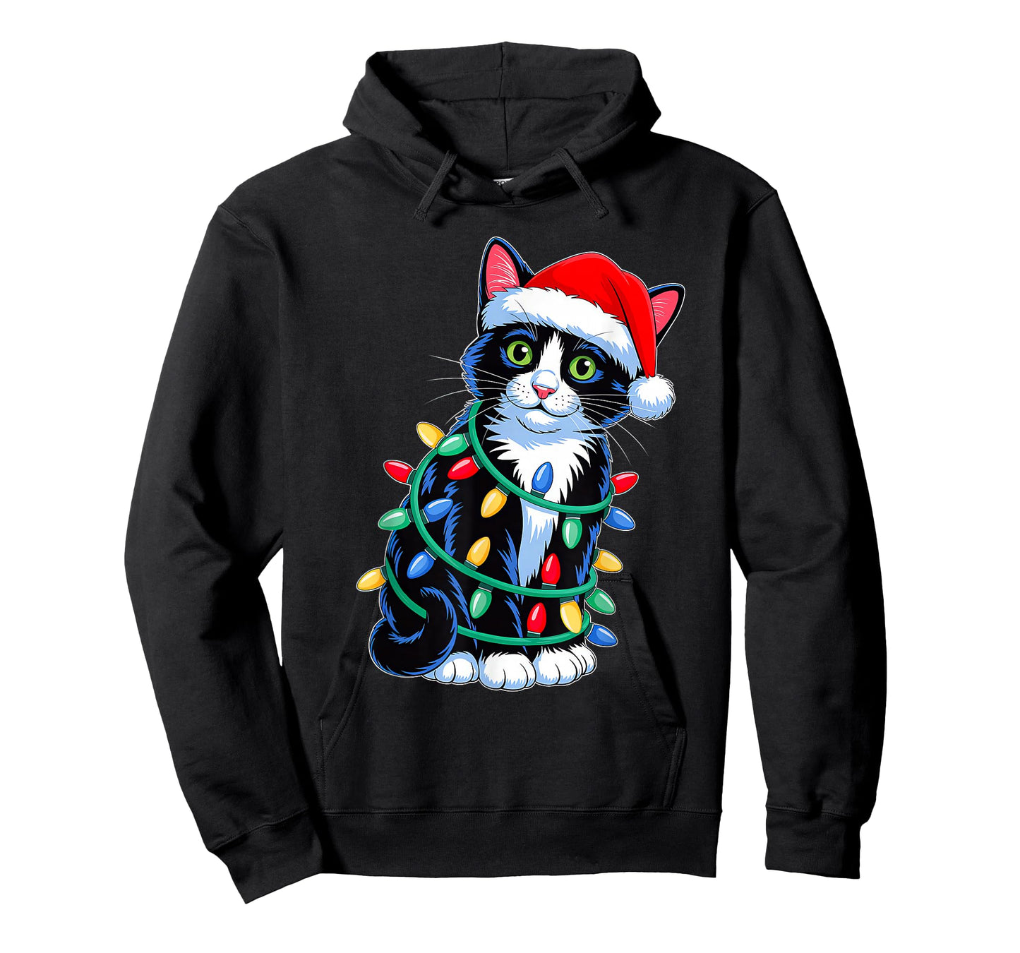 Black Cat Christmas Lights Santa Hat Xmas Family Men Women T-Shirt