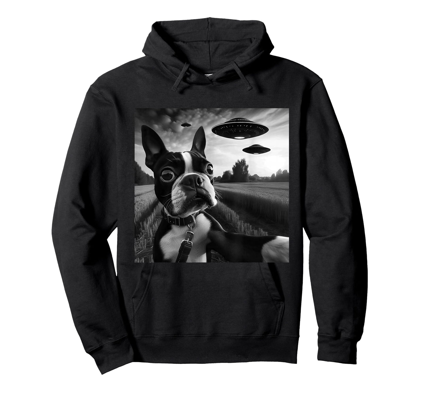 Boston Terrier Funny Graphic Selfie with UFOs Weird Aliens T-Shirt