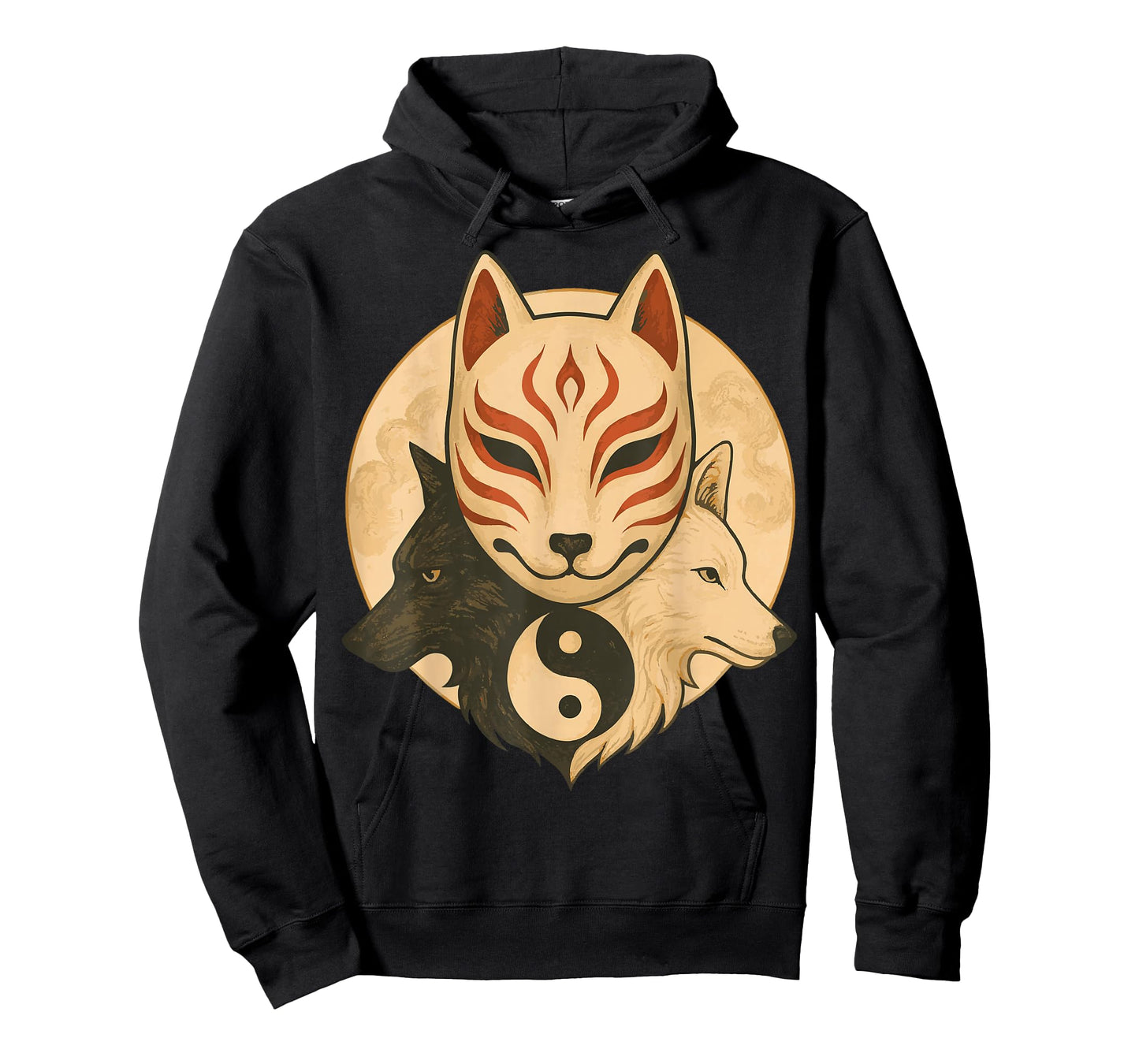 Kitsune Mask Yin Yang Wolves Balance Spirit Art T-Shirt