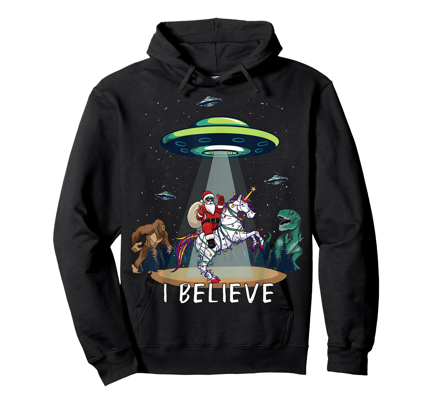 Believe Bigfoot Dinosaur Alien UFO Santa Riding On Unicorn T-Shirt