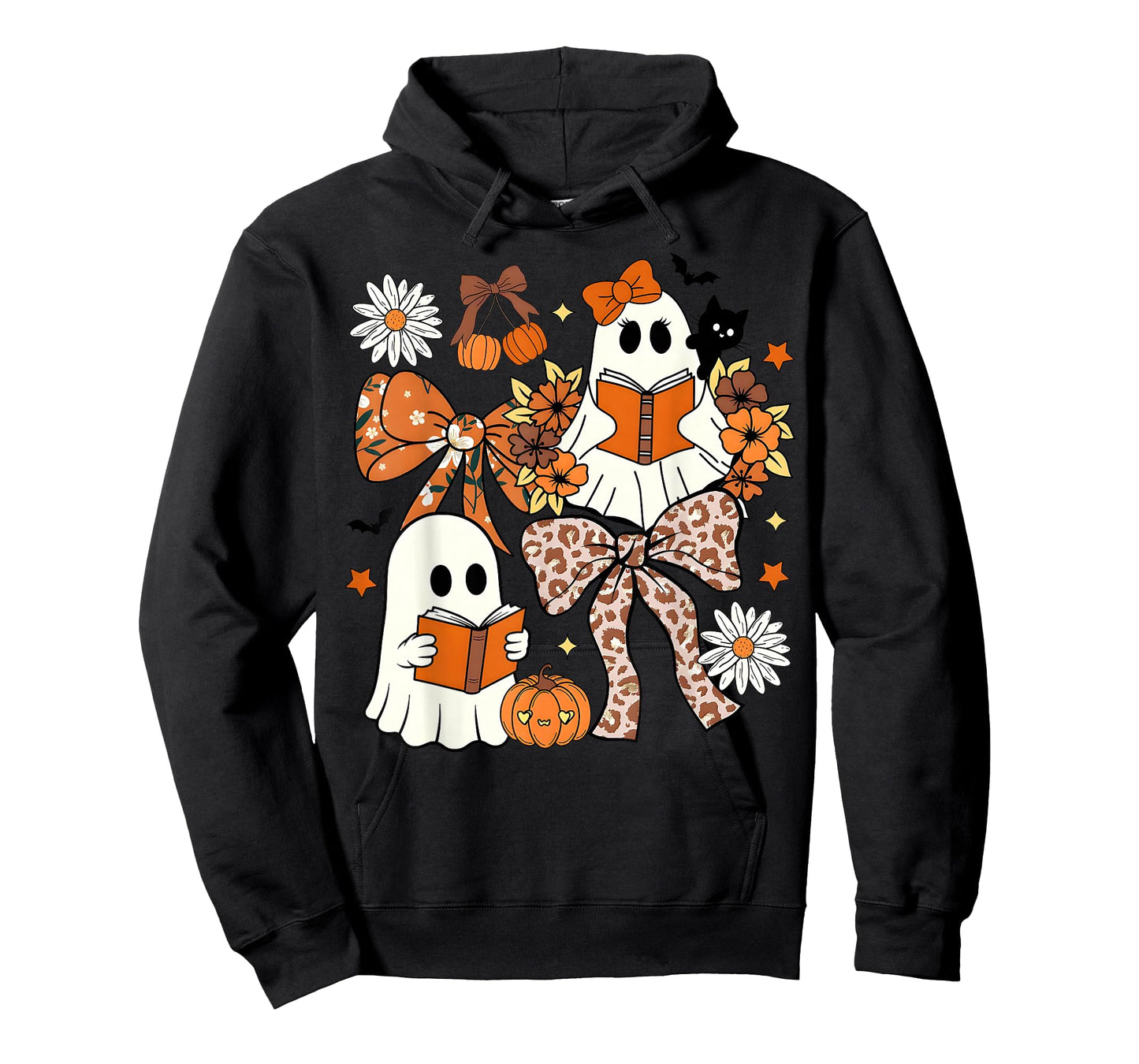 Ghost Reading Books Leopard Pumpkin Coquette Bow Halloween T-Shirt