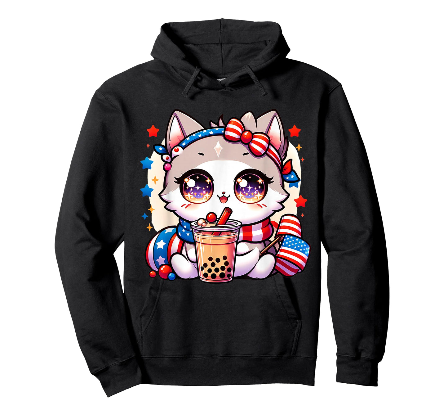 Cute 4th of July Cat Shirt Girls Kawaii Anime Boba Tea USA T-Shirt