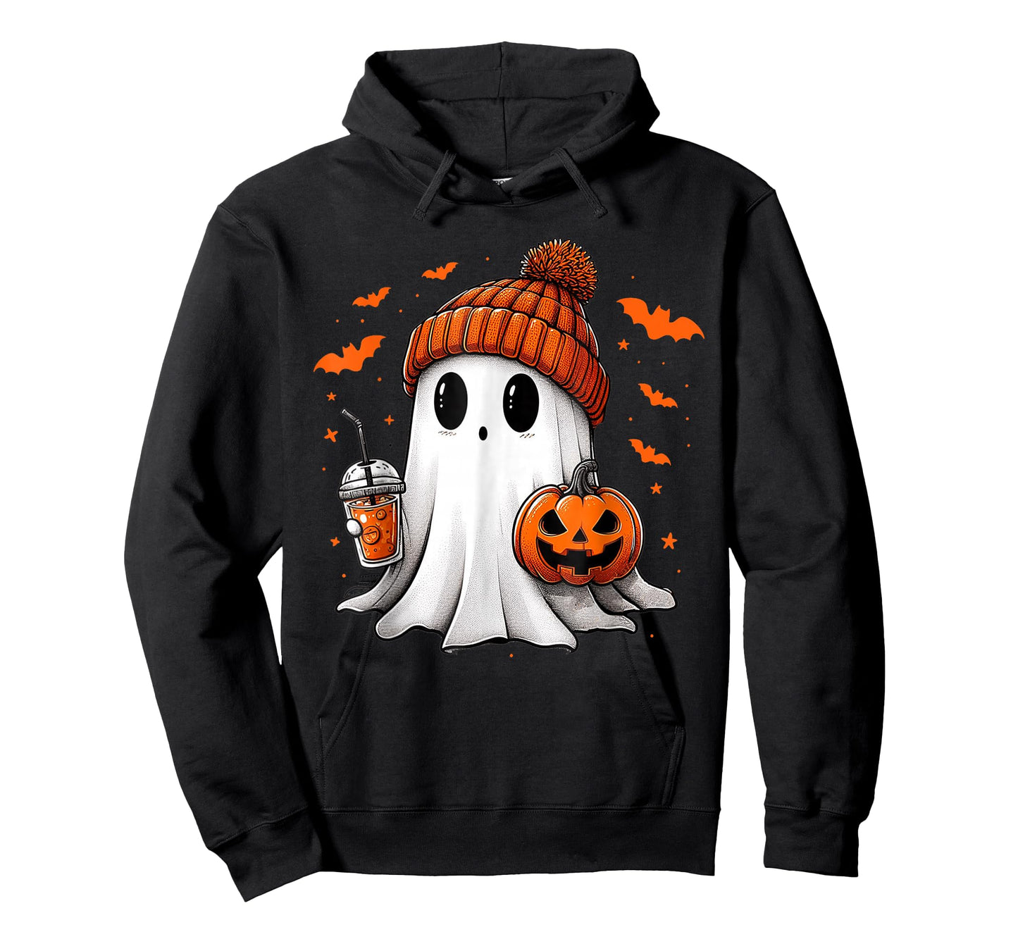 Cute Ghost Drinking Ice Coffee Halloween Pumpkin Mens Womens T-Shirt