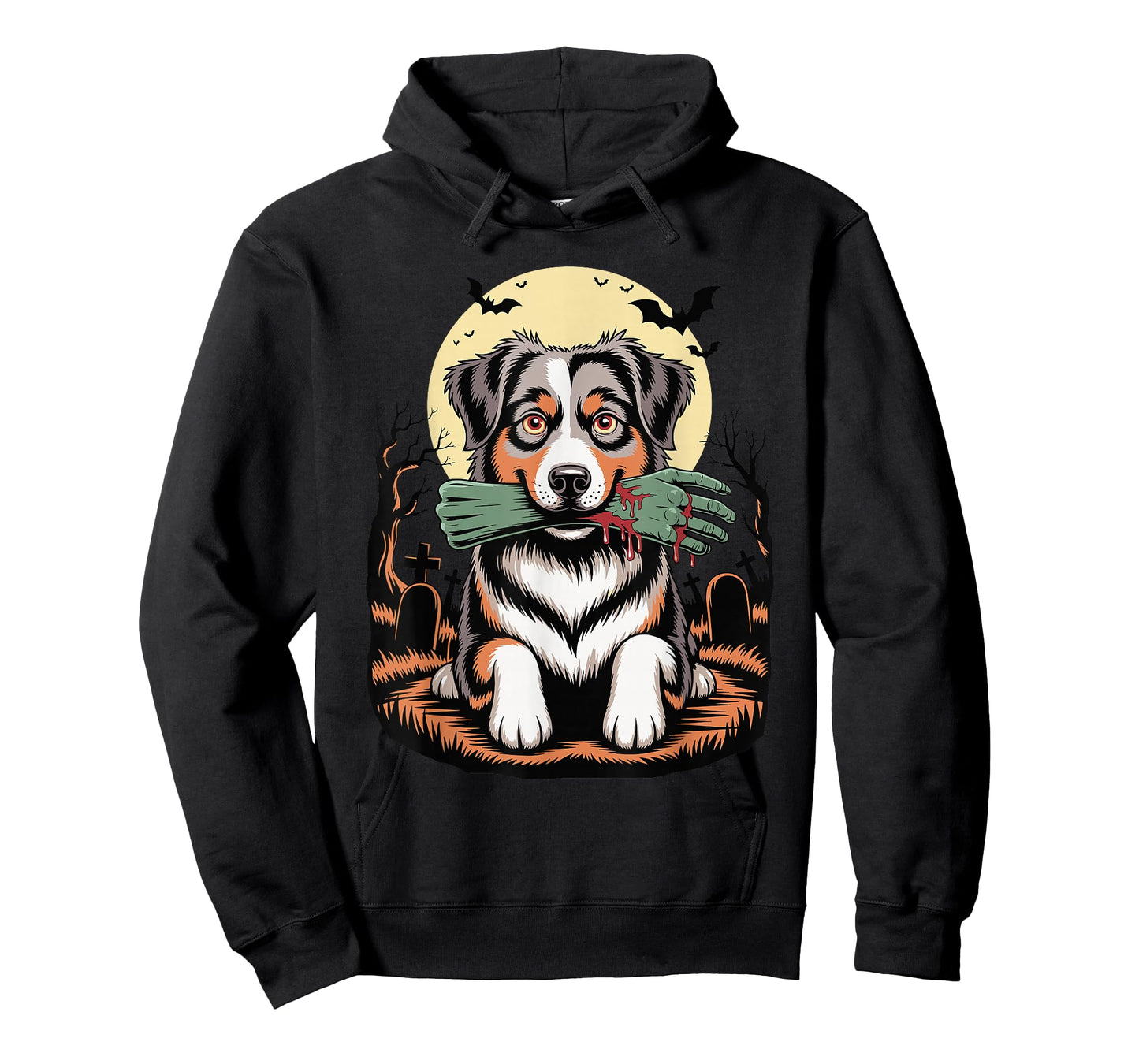 Halloween Moon Zombie Hand Australian Shepherd Aussie Dog T-Shirt
