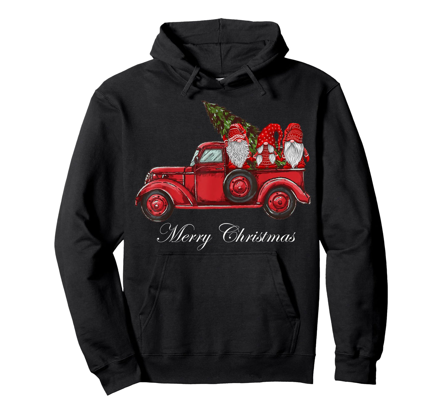 Three Gnomes in Red Truck With Merry Christmas Tree T-Shirt