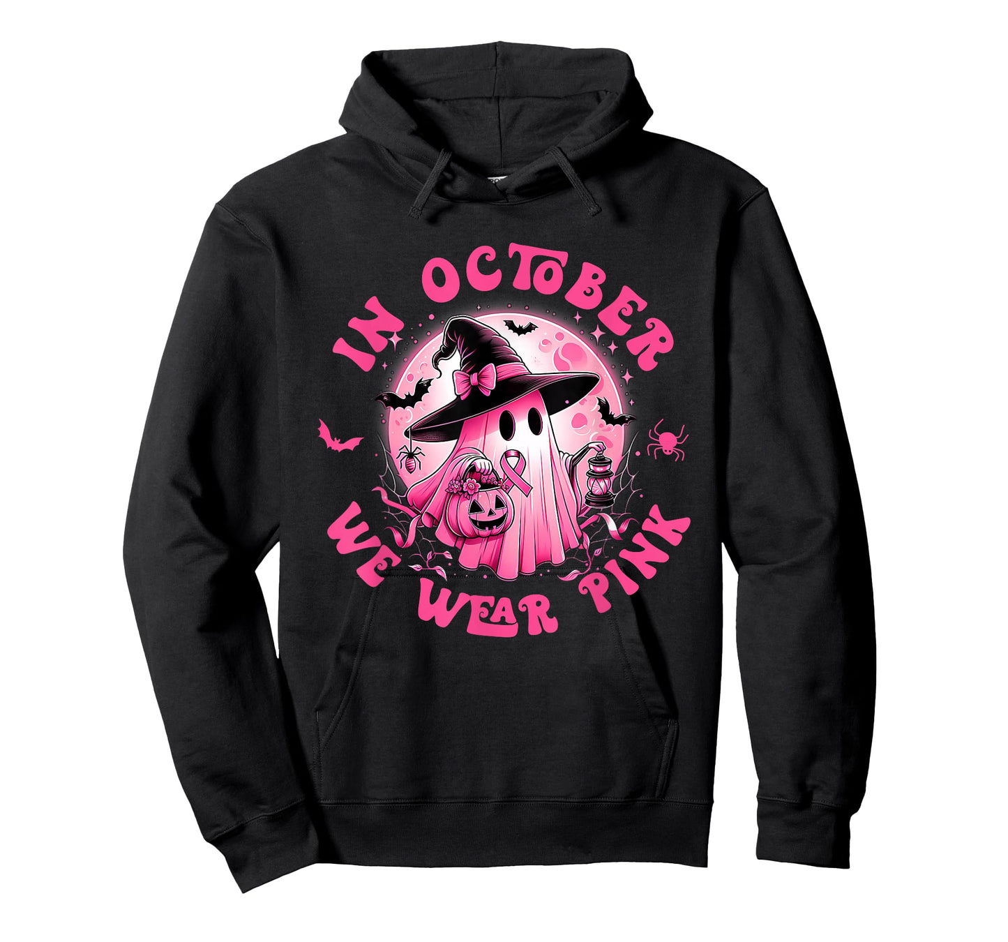 in October We Wear Pink Ghost Witch Breast Cancer Awareness T-Shirt