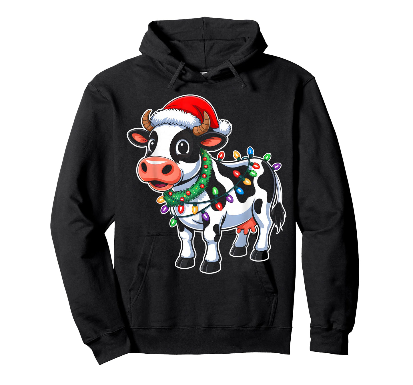 Cow Christmas Lights Santa Hat Family Matching Xmas Pajamas T-Shirt