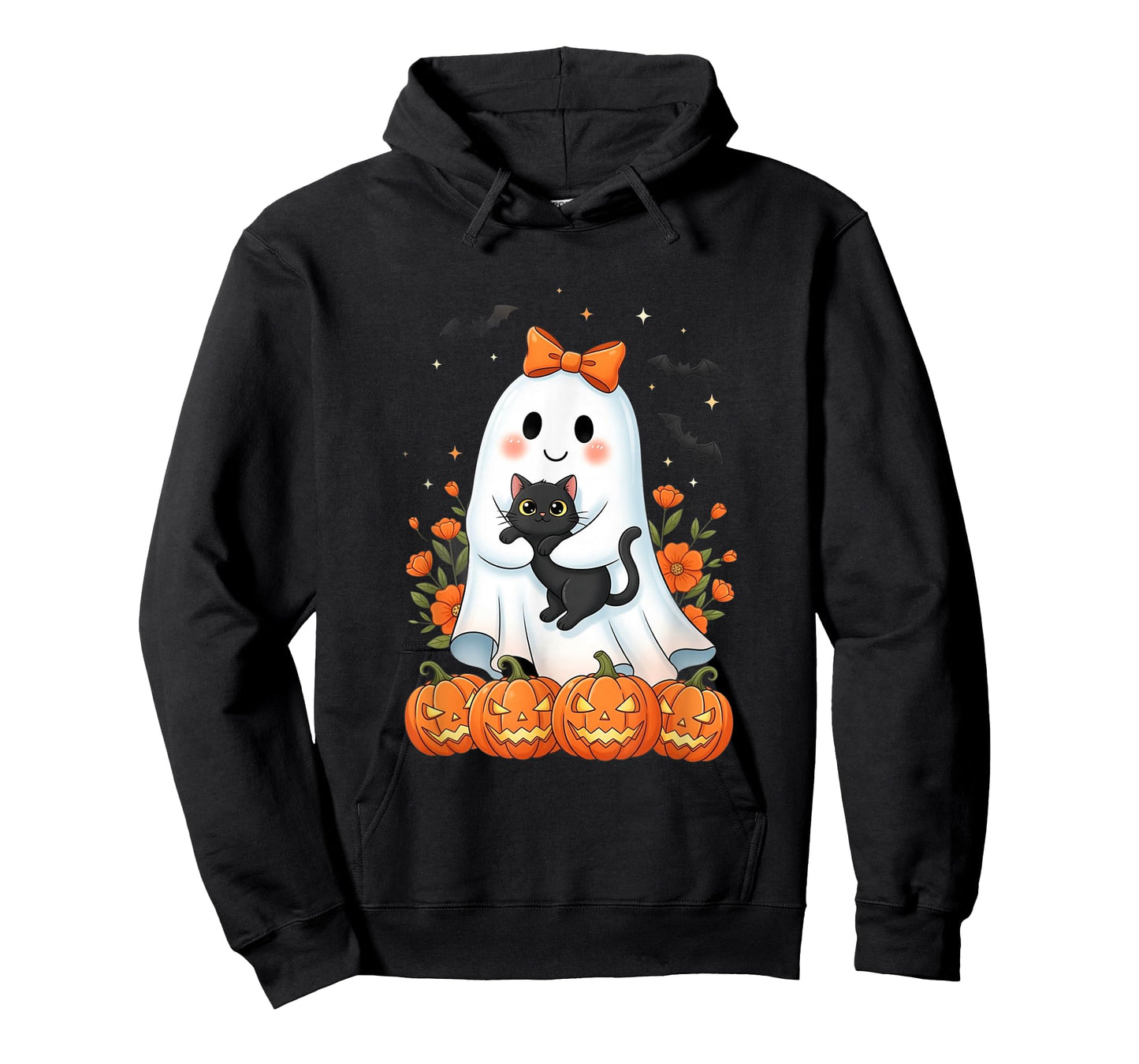 Cute Ghost Holding Black Cat Pumpkins Autumn Halloween T-Shirt