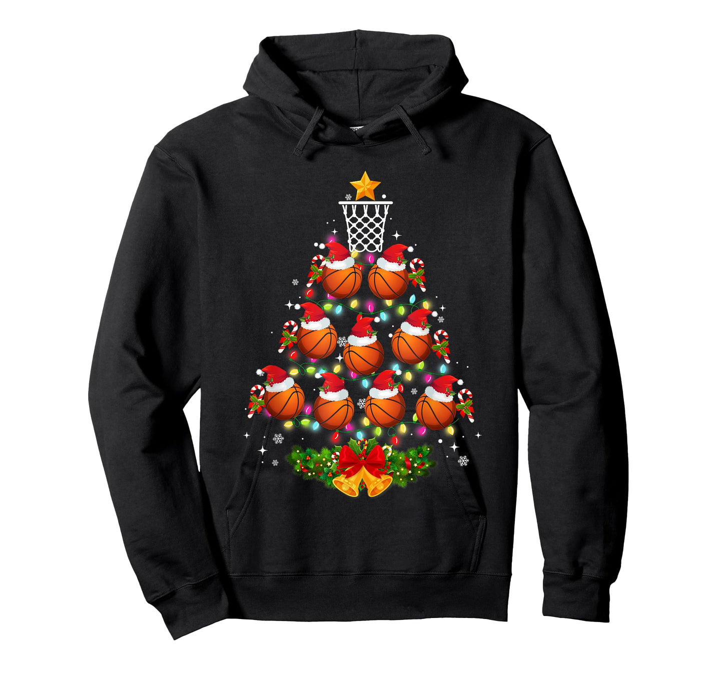 Basketball Christmas Tree Lights Red Santa Hat Xmas Pajamas T-Shirt