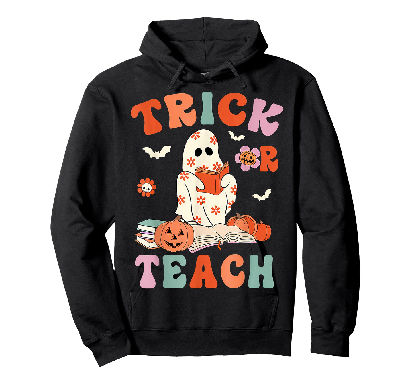 Groovy Halloween Trick Or Teach Retro Floral Ghost Teacher T-Shirt