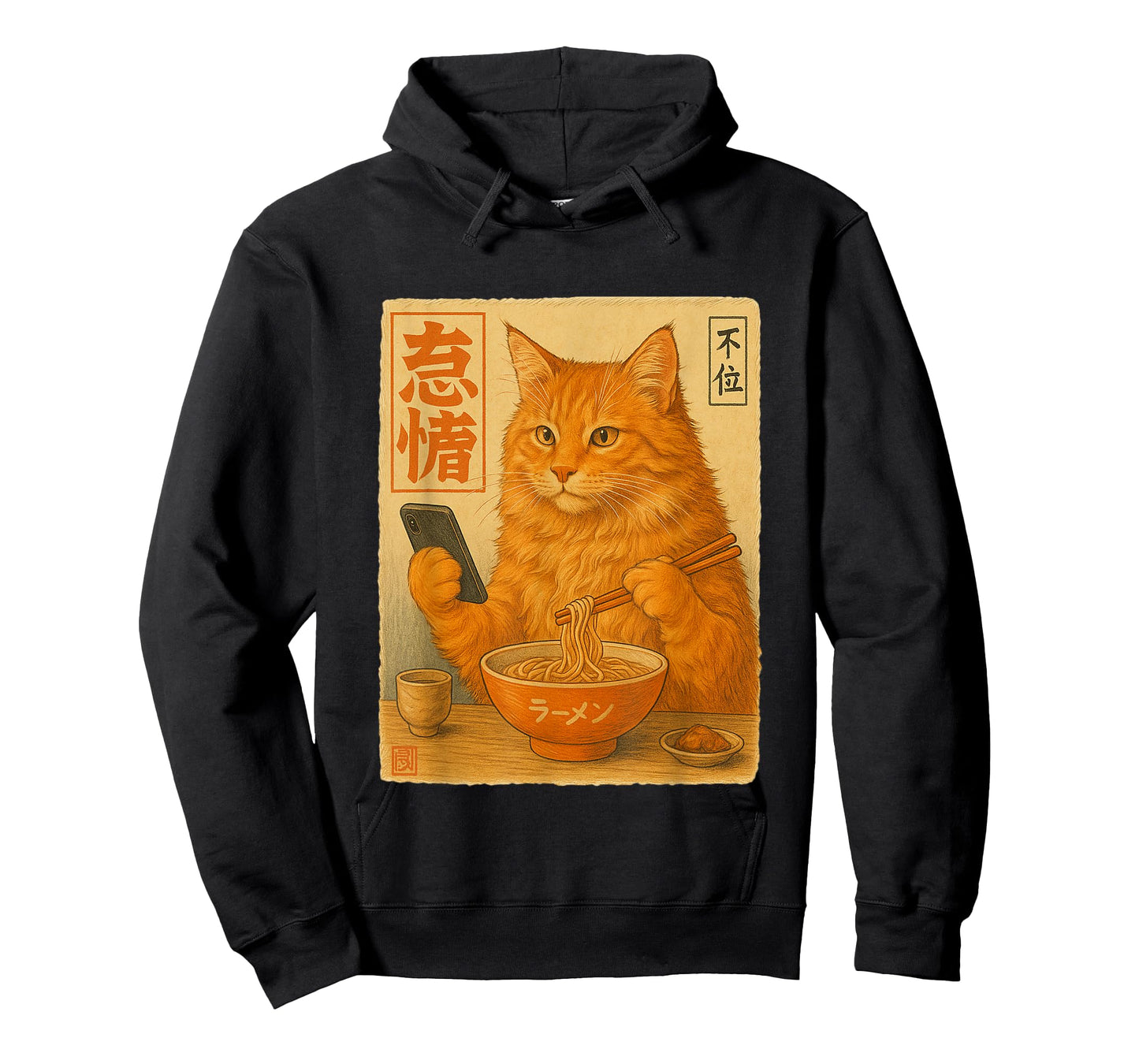 Cat Orange Eat Ramen and Scroll Phone Japanese Art T-Shirt