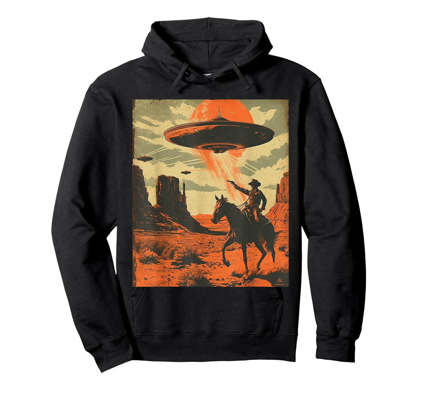 Retro Desert Cowboy Riding Horse Shooting At Space UFO Art T-Shirt