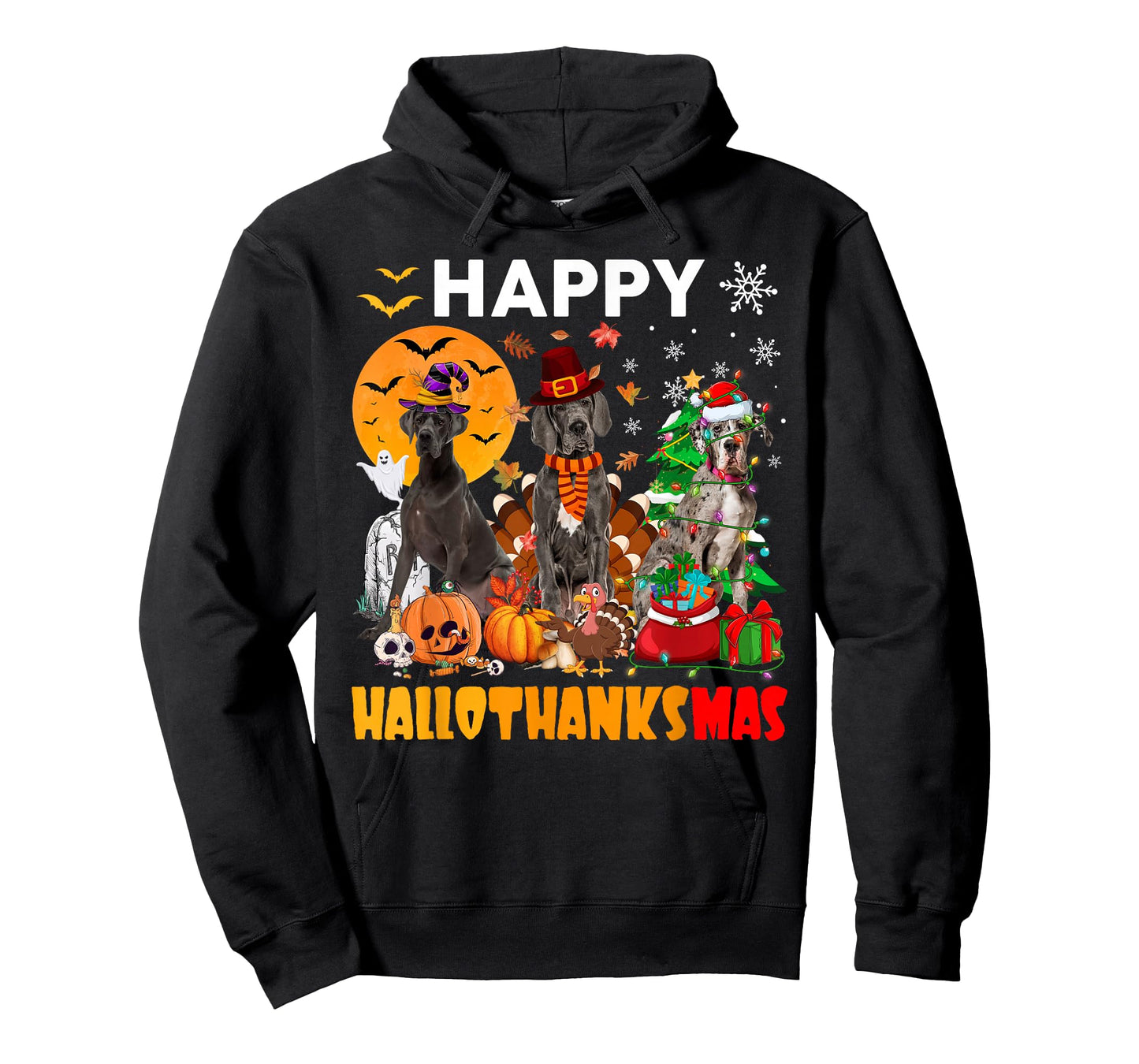 Funny Witch Turkey Santa Great Dane Dog Happy HalloThanksMas T-Shirt