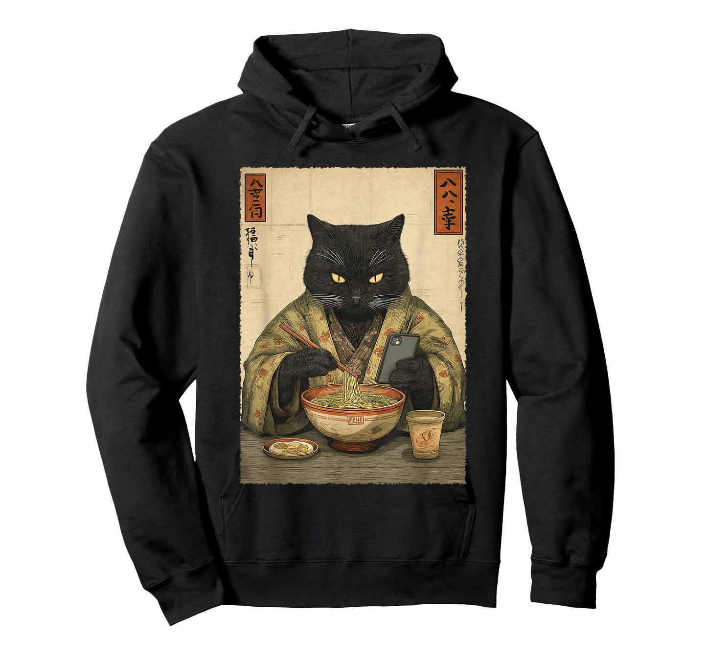 Samurai Cat Eat Ramen Scroll Phone Japanese Food Humor Art T-Shirt