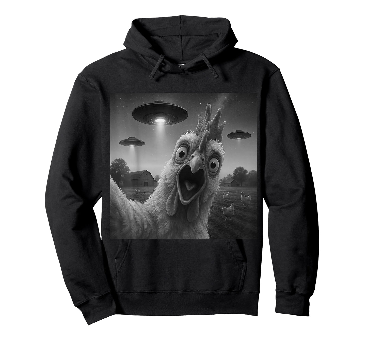 Chicken Rooster Funny Selfie Chicken with UFOs Weird Aliens T-Shirt
