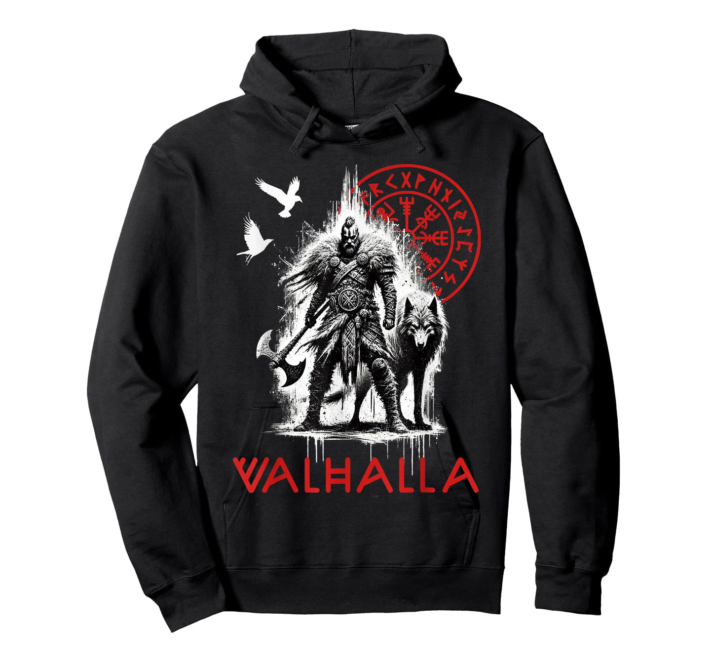 Valhalla Odin Wolf and Raven Viking Runes Norse Compass T-Shirt