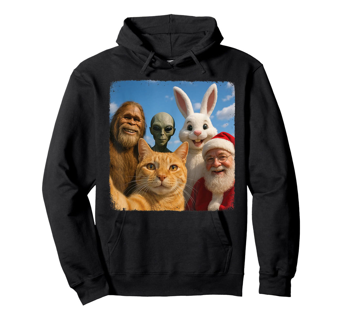 Cat Bigfoot Easter Bunny Alien Santa Selfie BFF Funny Photo T-Shirt for Men Women Kids