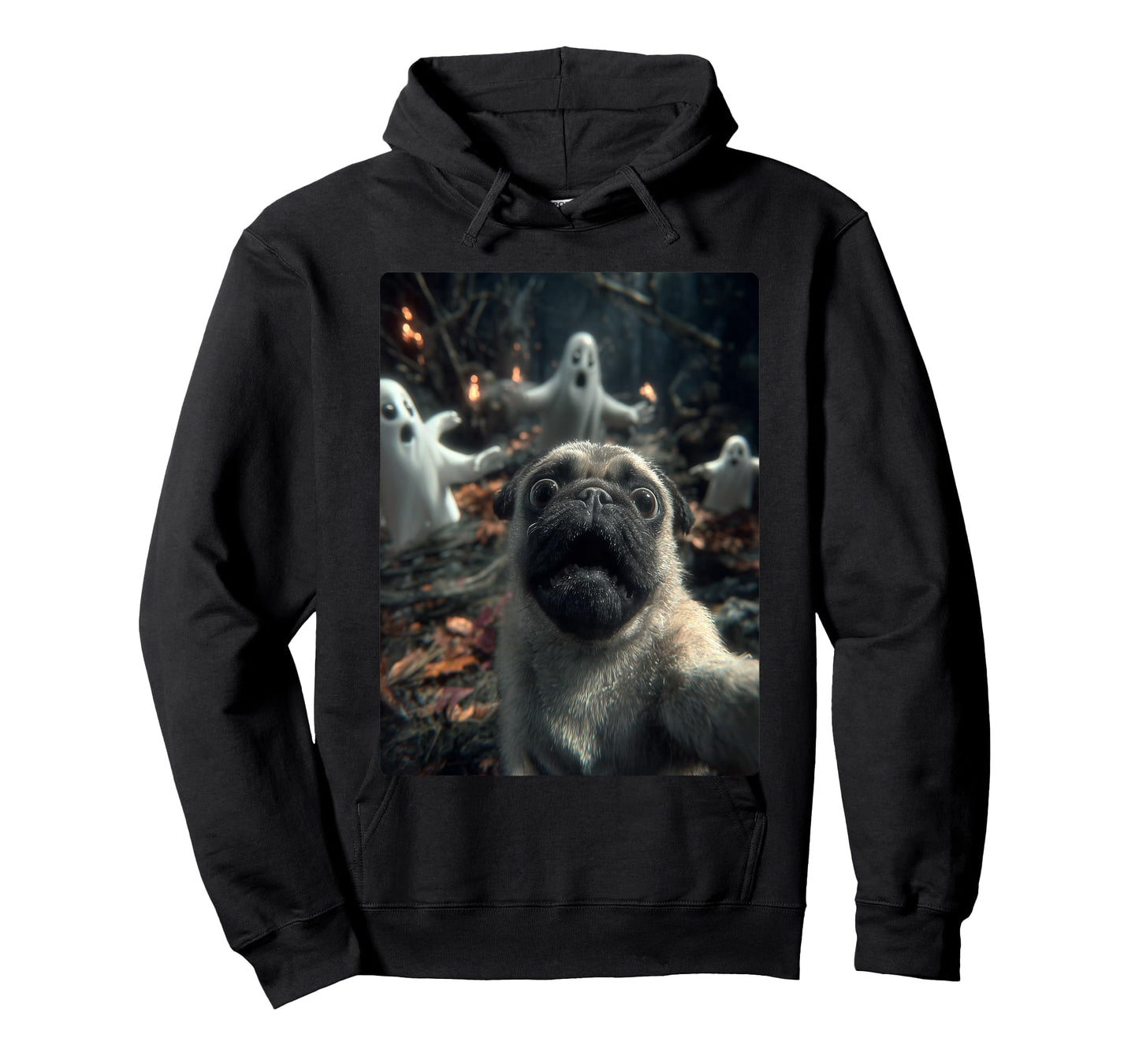 Funny Pug Selfie with Ghosts Haunted Forest Halloween Dog T-Shirt