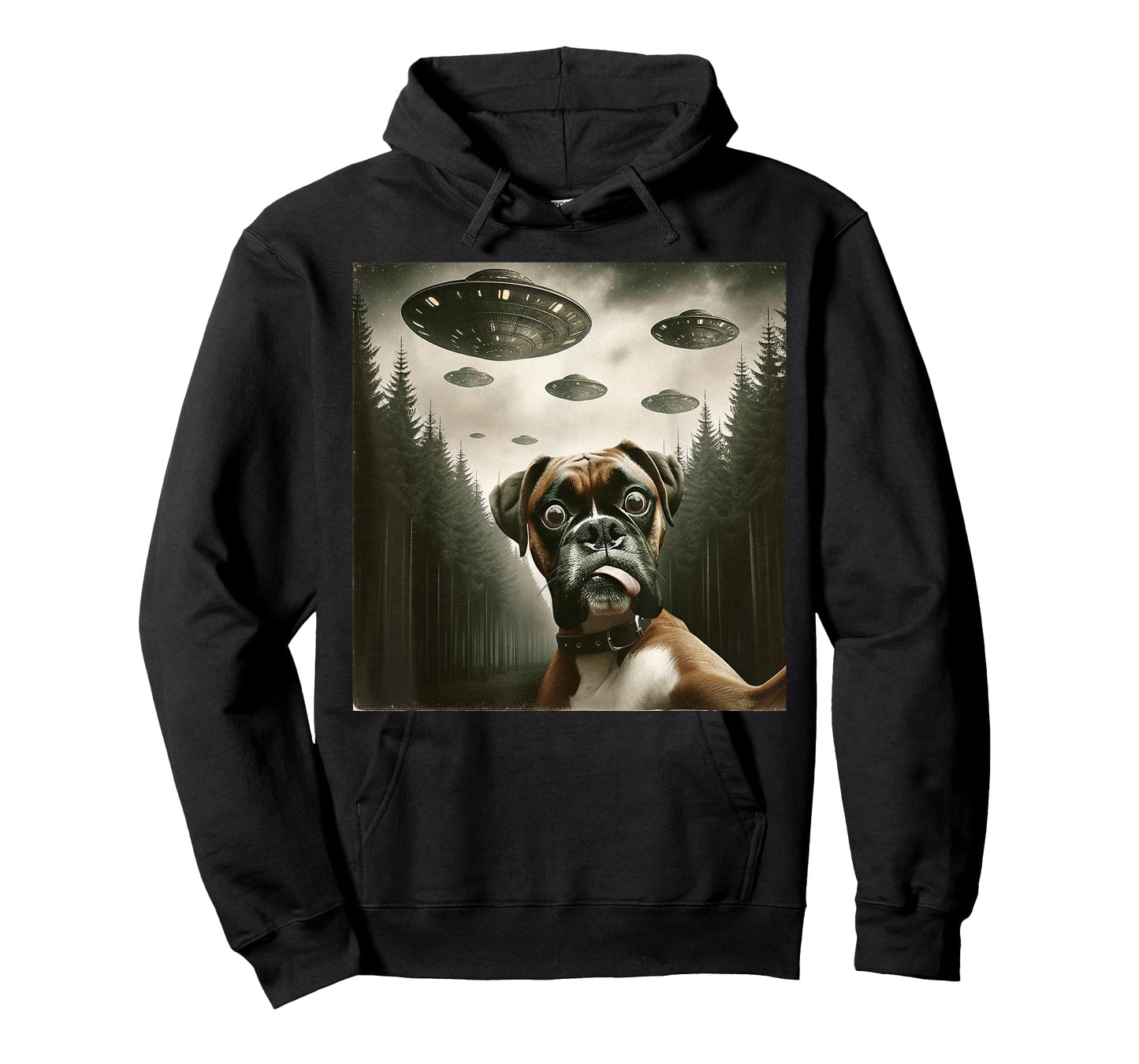 Funny Boxer Dog Selfie with UFOs Alien Mens Womens Dog T-Shirt