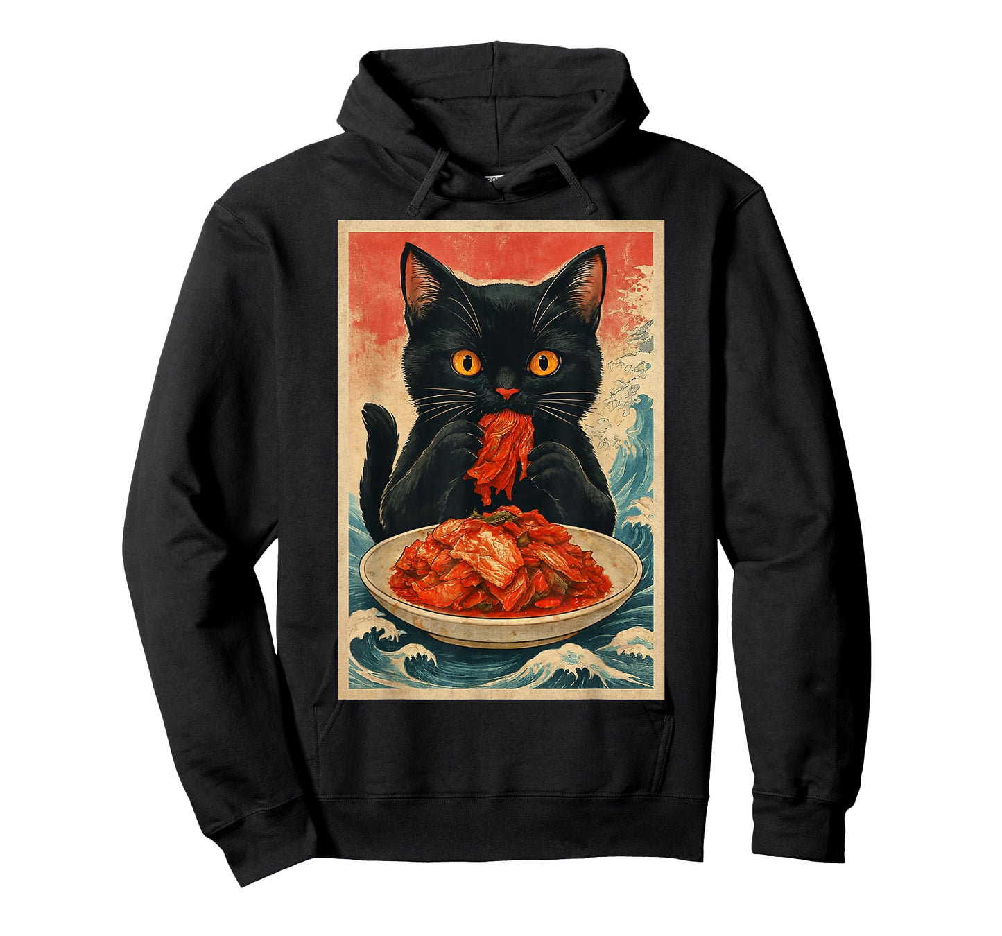 Funny Black Cat Eating Kimchi Retro Japanese T-Shirt