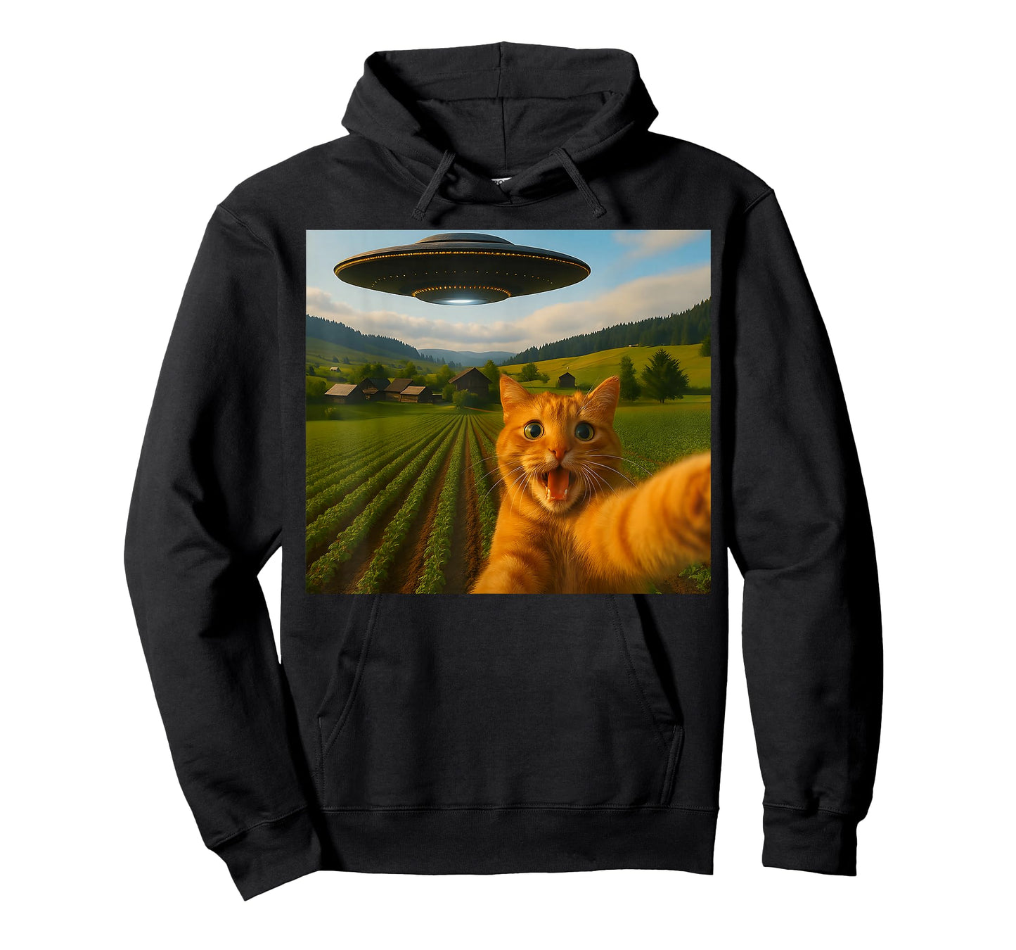 Orange Cat Selfie with Alien UFO for Men Women Kid T-Shirt