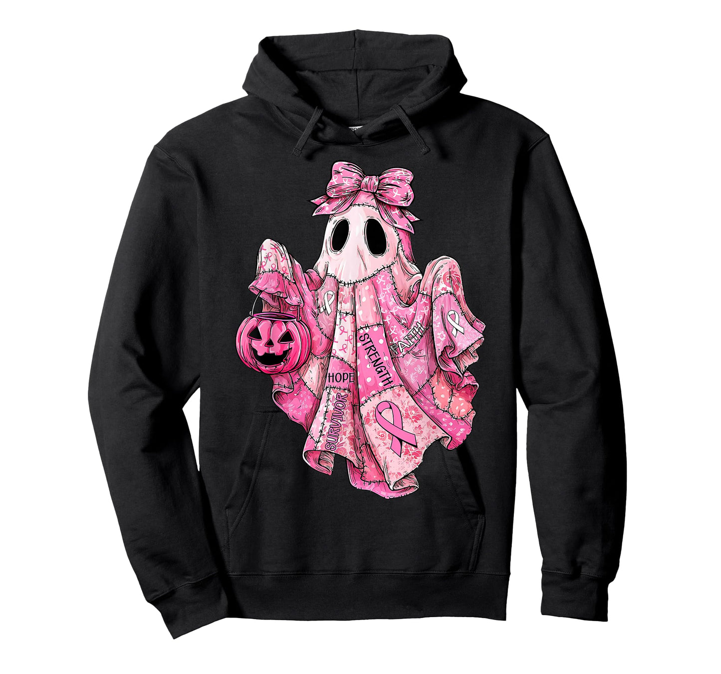 Breast Cancer Pink Ribbon Patchwork Ghost Halloween Women T-Shirt