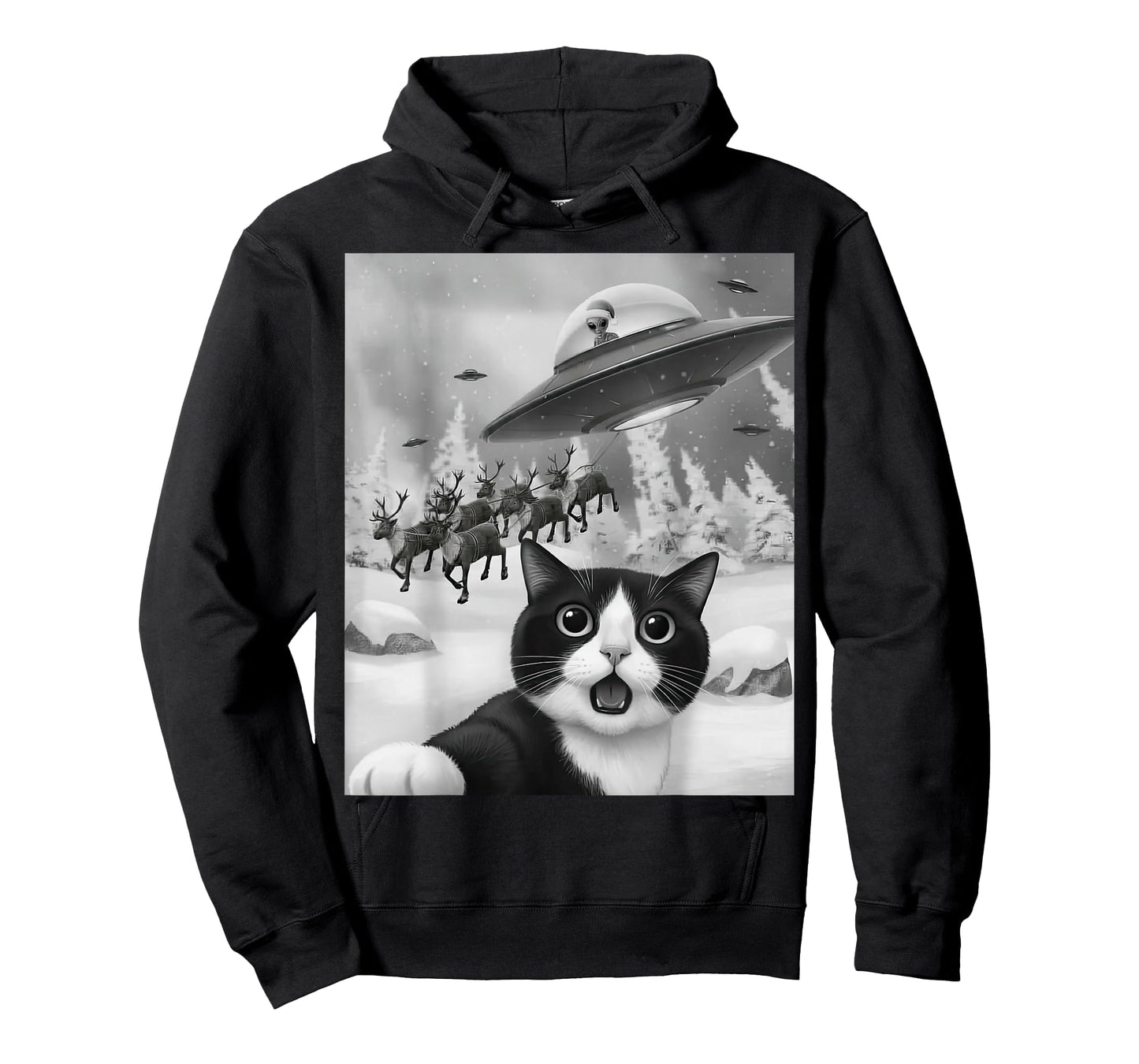 Tuxedo Cat UFO Alien Reindeer Christmas Air Selfie T-Shirt
