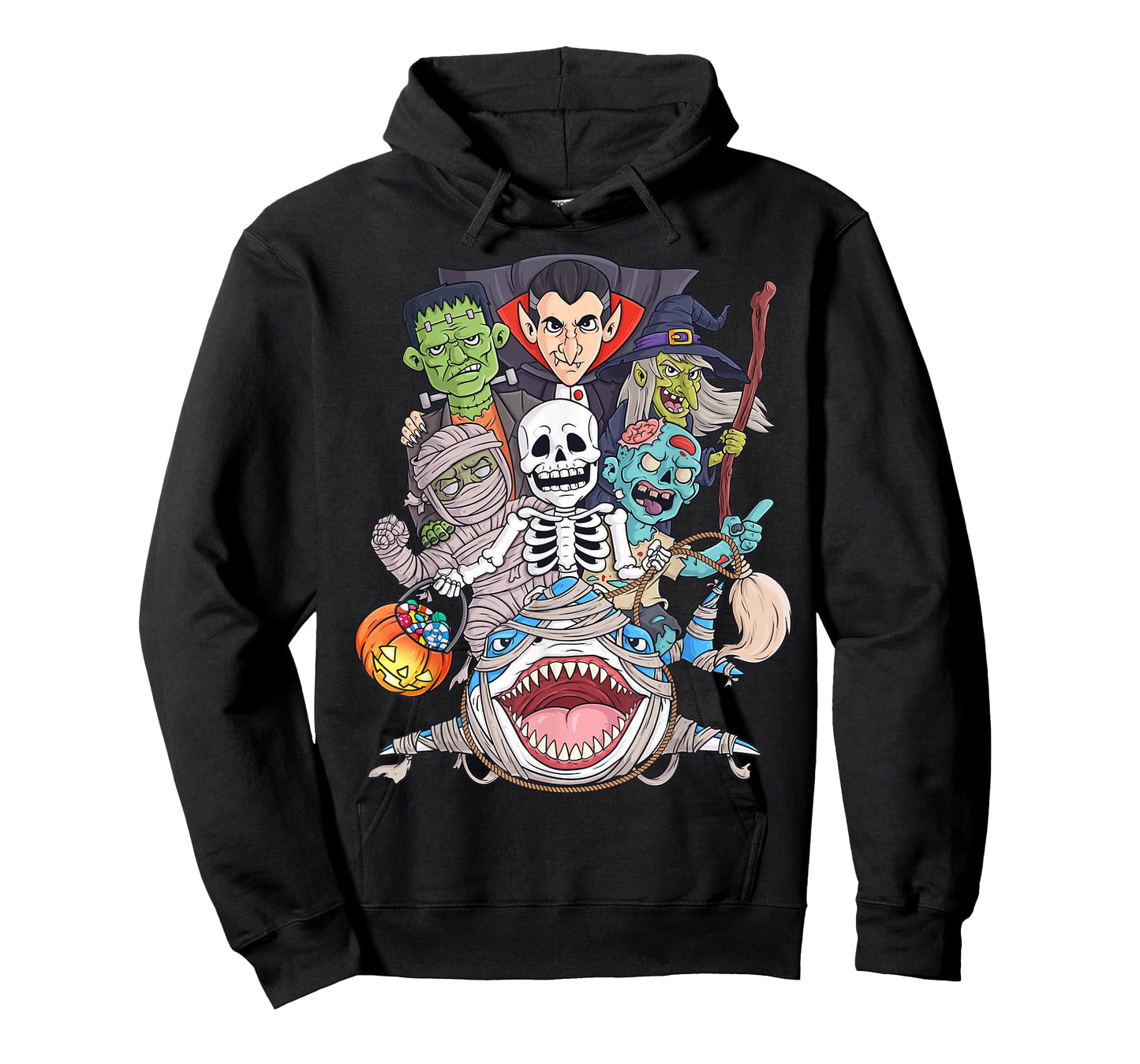 Skeleton Zombie Riding Mummy Shark Funny Halloween Pumpkin T-Shirt