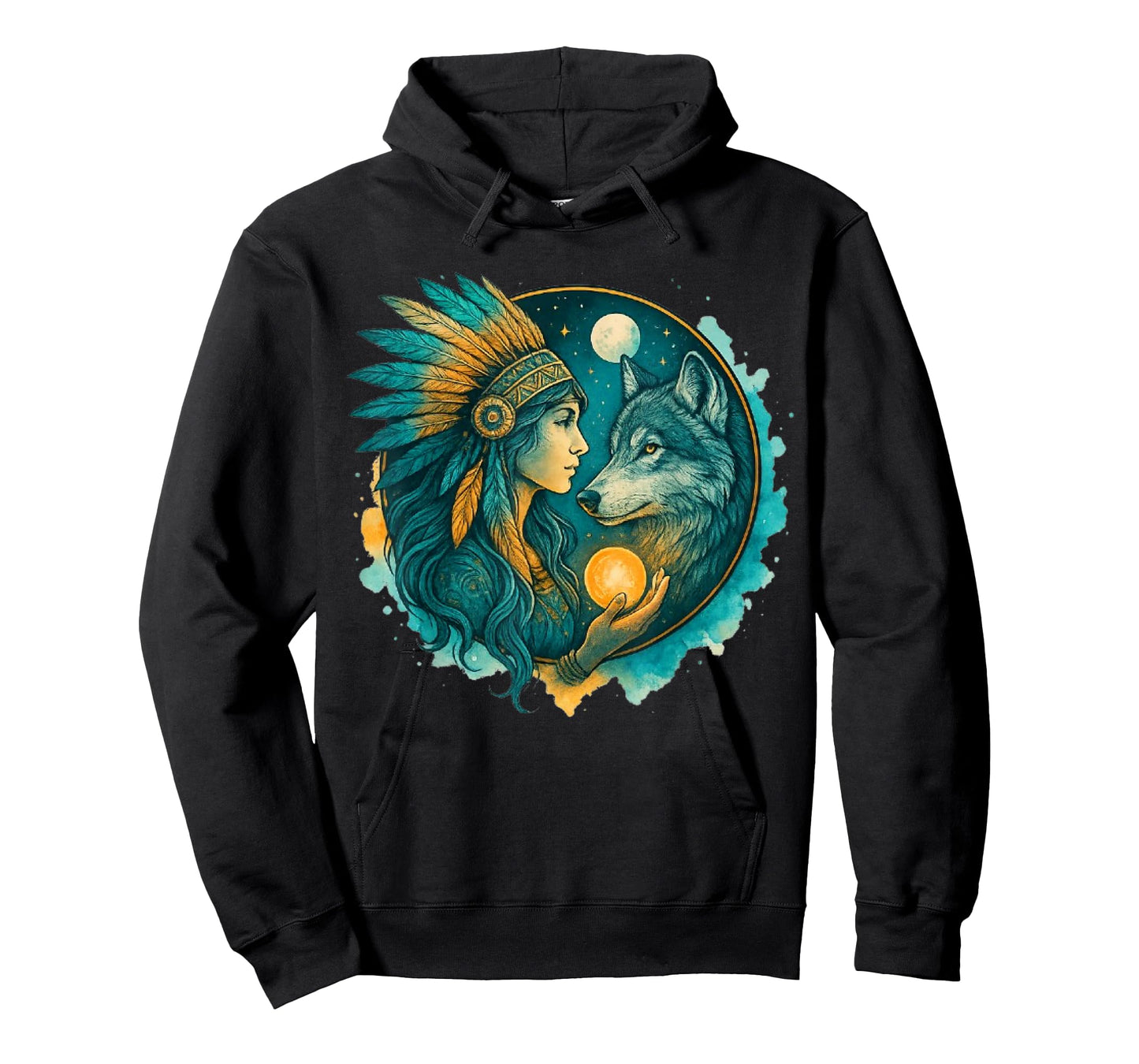 Indian Native American Woman with White Wolf Vitage T-Shirt