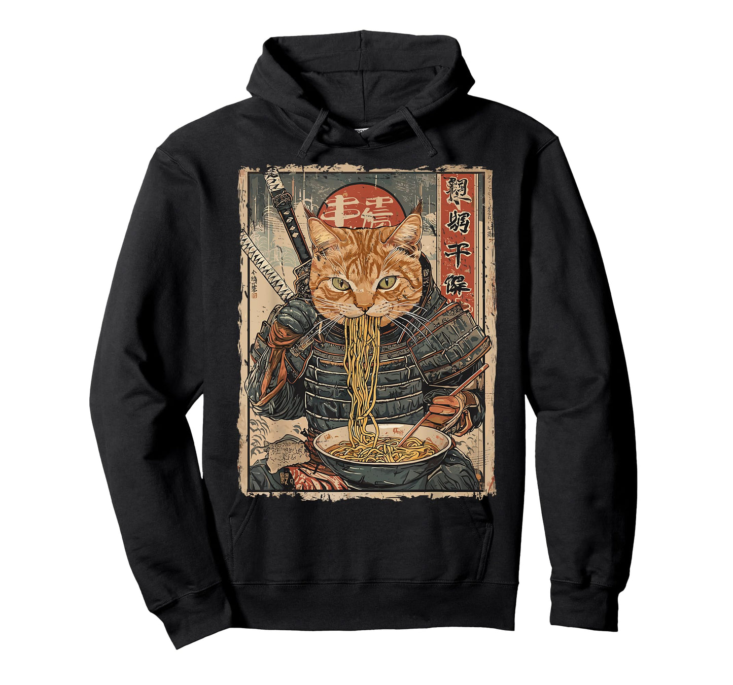 Samurai Cat Loves Ramen Funny Anime Japanese Artwork Samurai T-Shirt