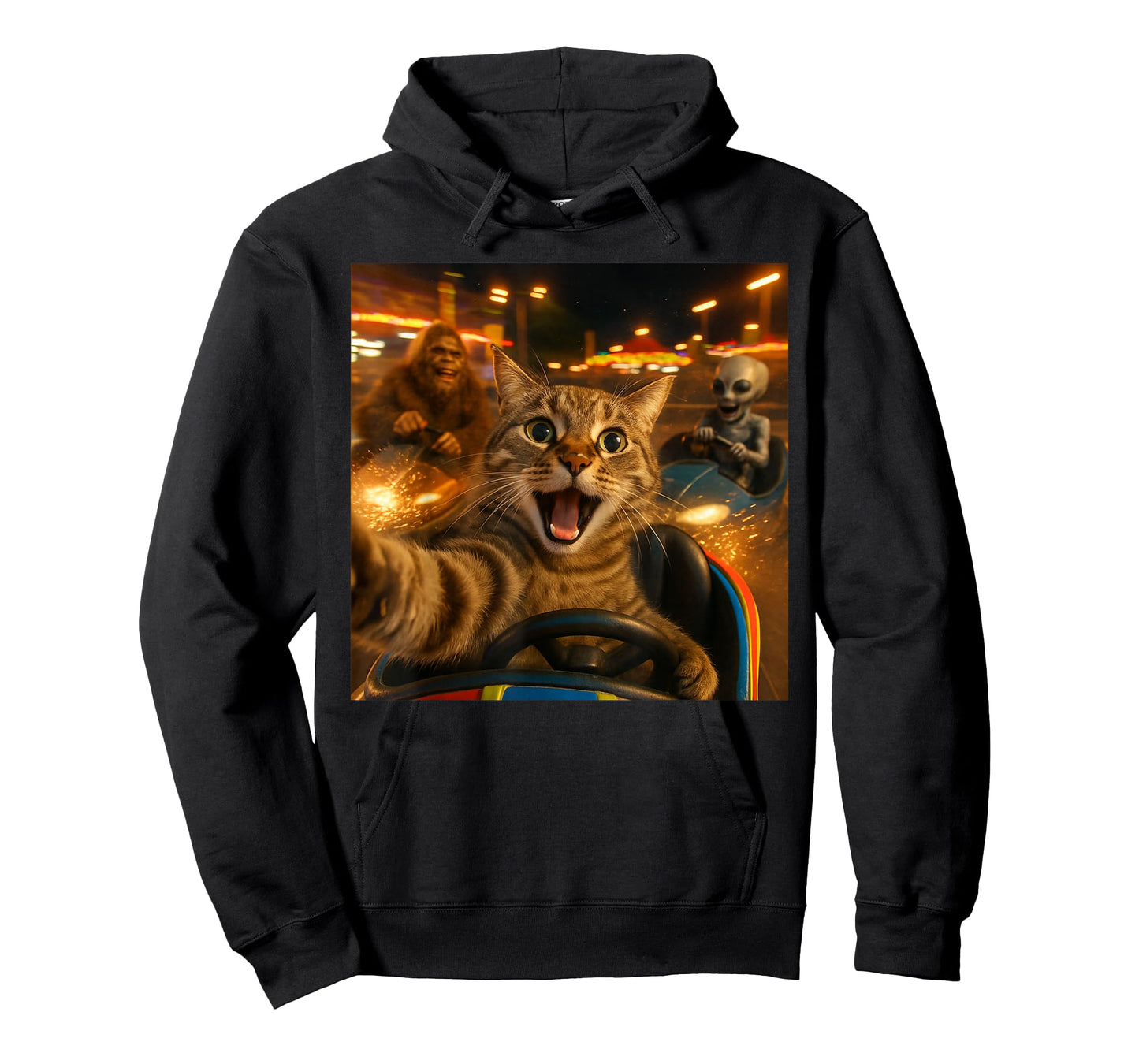 Funny Cat Selfie with Big Foot & Alien Bumper Car Meme T-Shirt