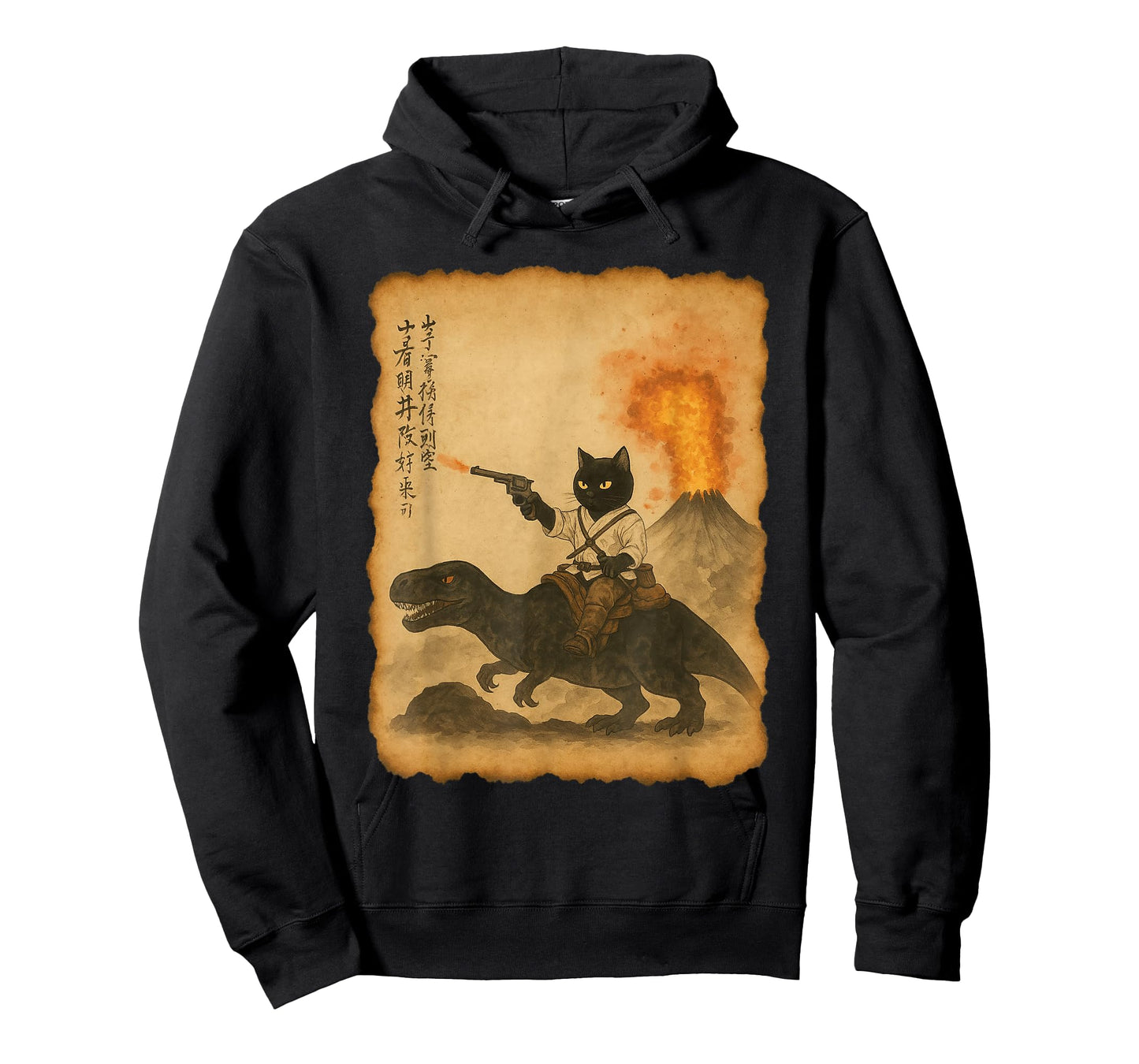 black cat samurai riding dinosaur volcanic eruption art T-Shirt