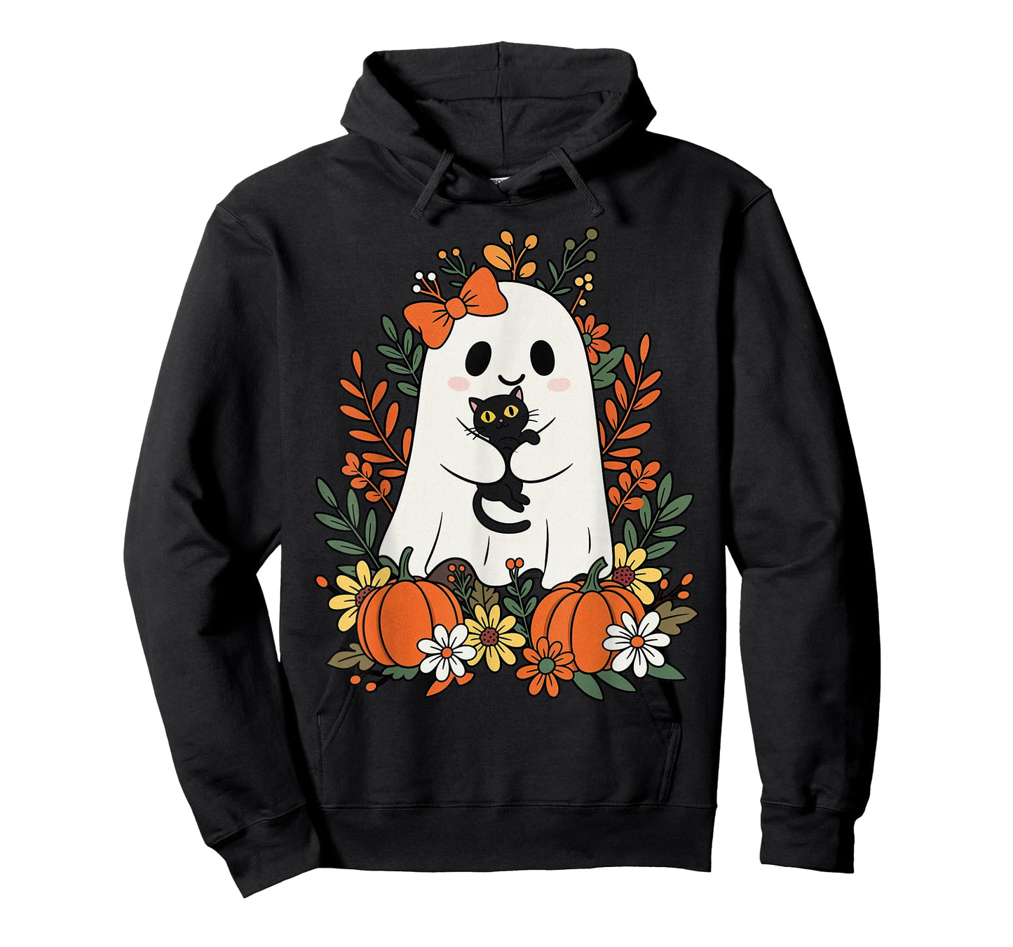 Vintage Cute Ghost with Black Cat and Pumpkins Halloween T-Shirt