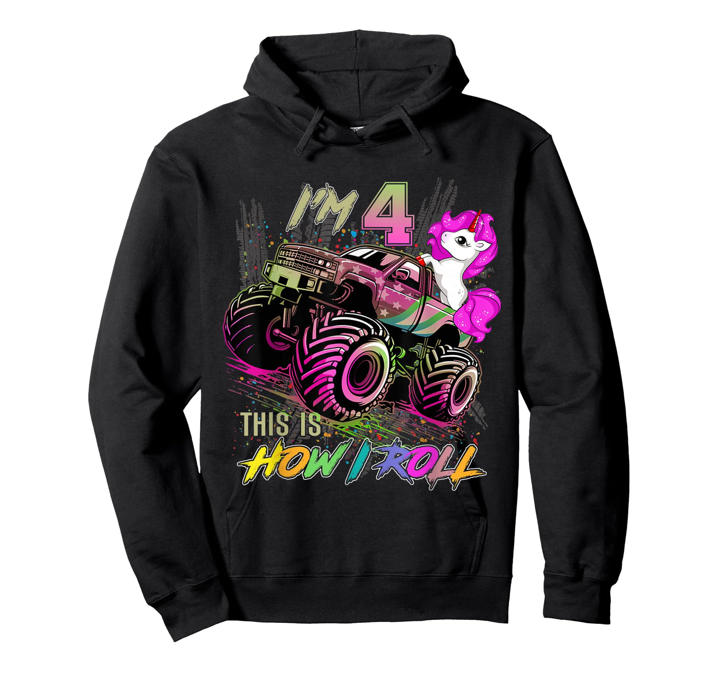 4 Year Old Girl Loves Monster Truck & Unicorn, 4th Birthday T-Shirt
