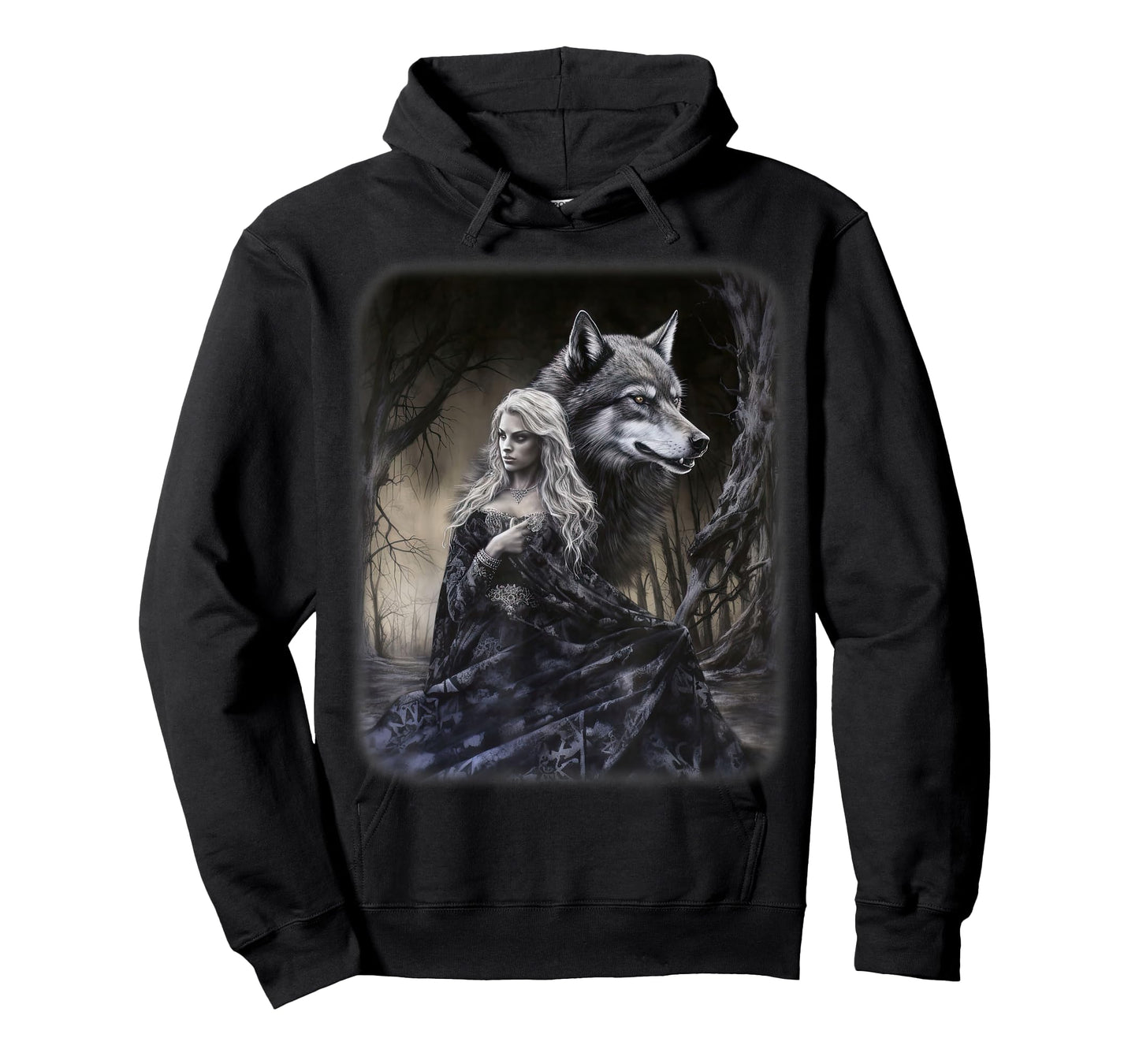 Woman and Gray Wolf in Forest Moon Fantasy Art Painting T-Shirt