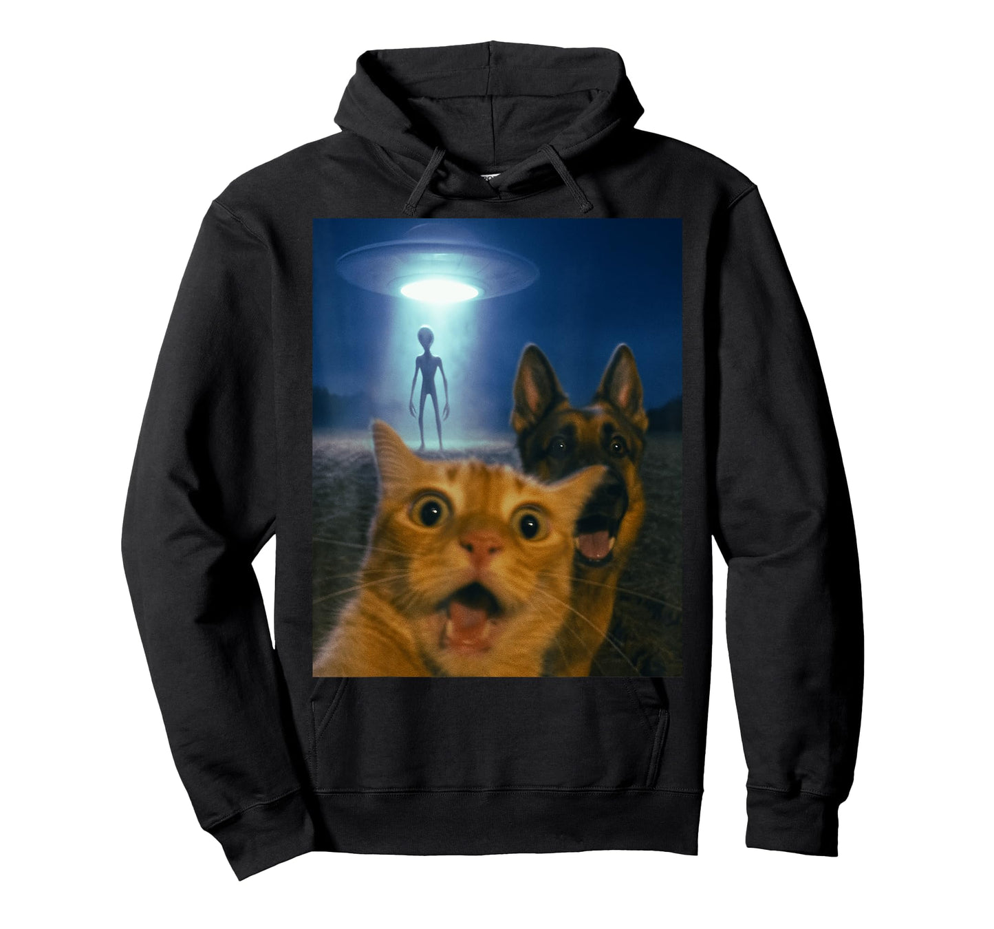 Cat and Dog Alien Selfie UFO Abduction Night Scene Funny T-Shirt