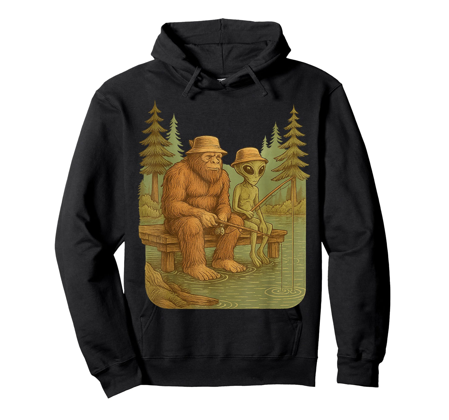 Funny Bigfoot Sasquatch Alien Fishing Outdoors Lake River T-Shirt