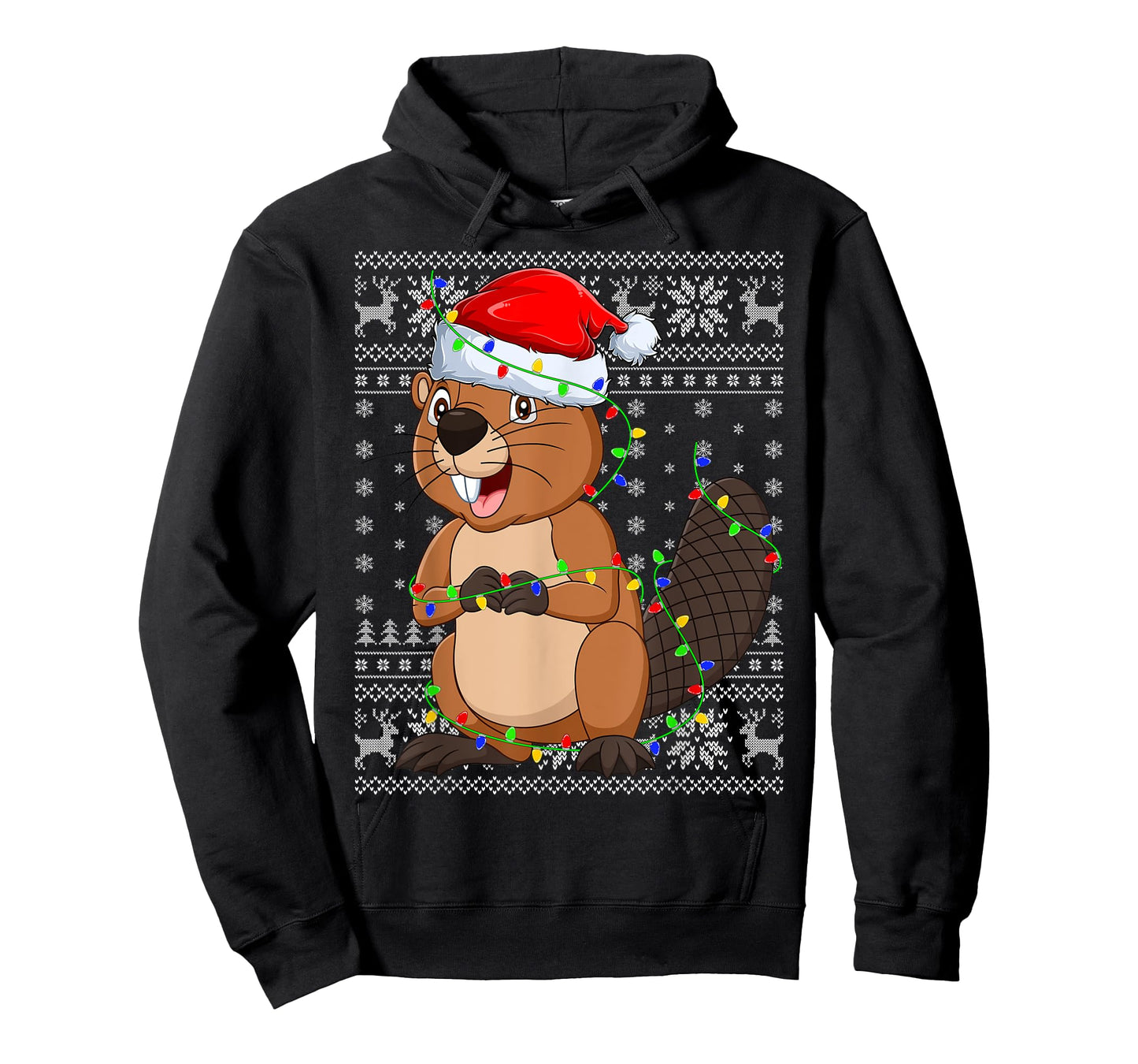 Ugly Sweater Xmas Lights Santa Hat Beaver Christmas T-Shirt