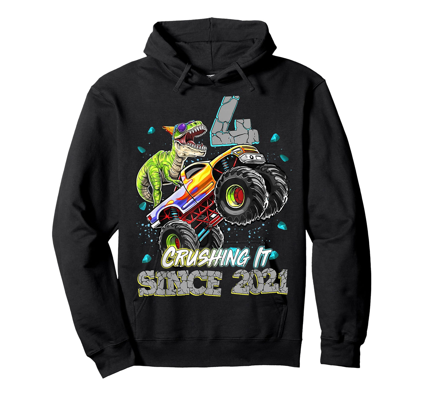 4th Birthday Since 2021 Monster Truck Dinosaur Birthday Boy T-Shirt