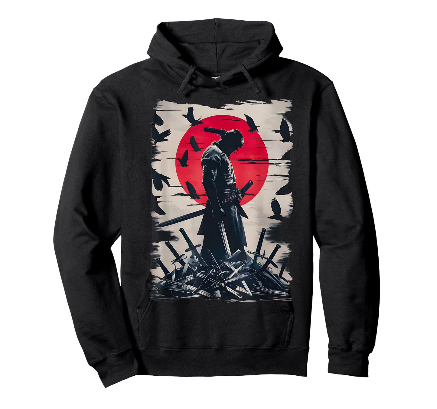 Japanese Anime Art Lone Samurai with Red Sun and Crows T-Shirt